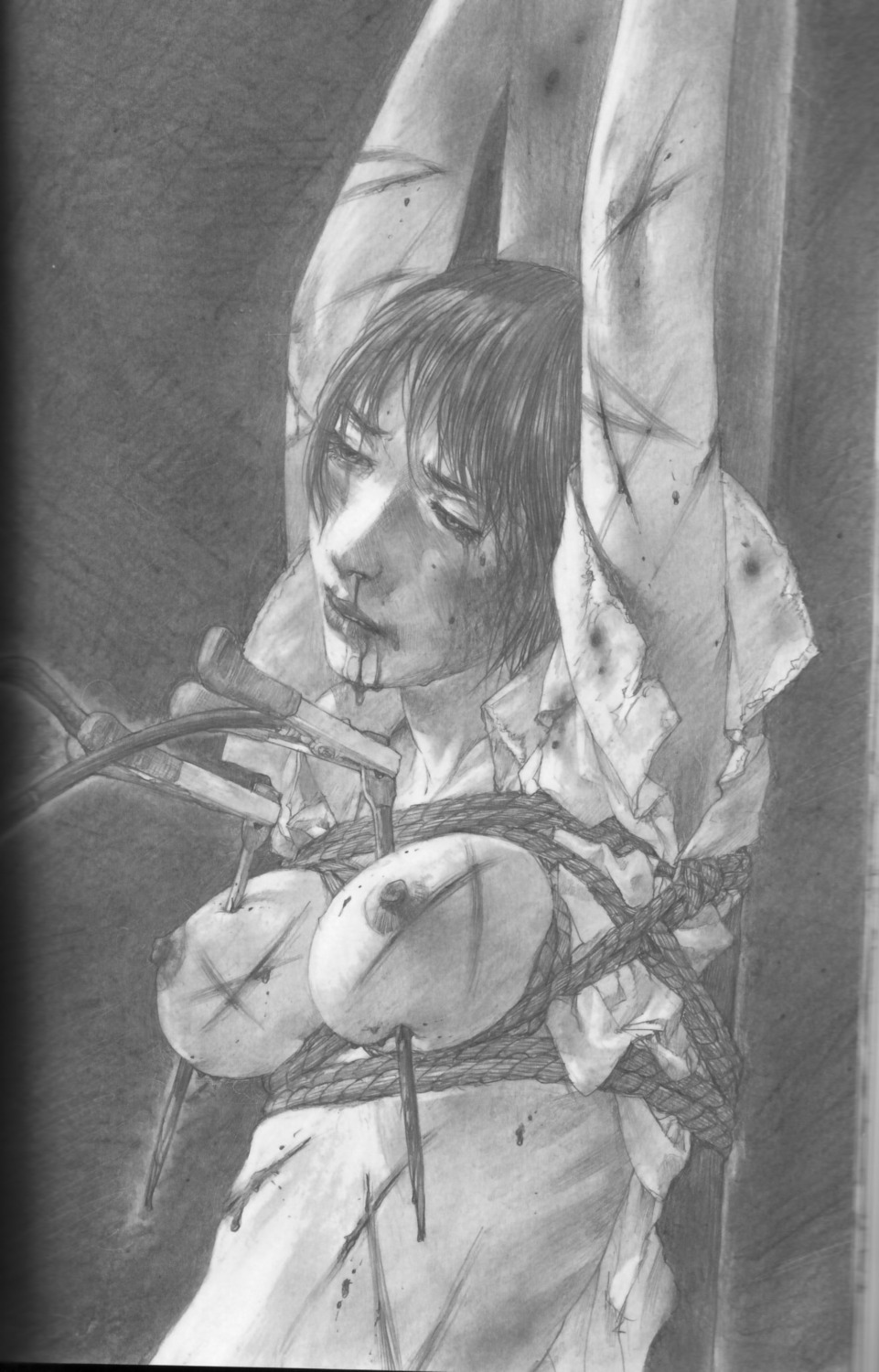 1girls black_hair blood bondage breasts cuts electrocution erect_nipples female female_only gore guro highres hiroaki_samura injury monochrome nipples nosebleed pencil realistic rope rule34 short_hair solo solo_female tears torture