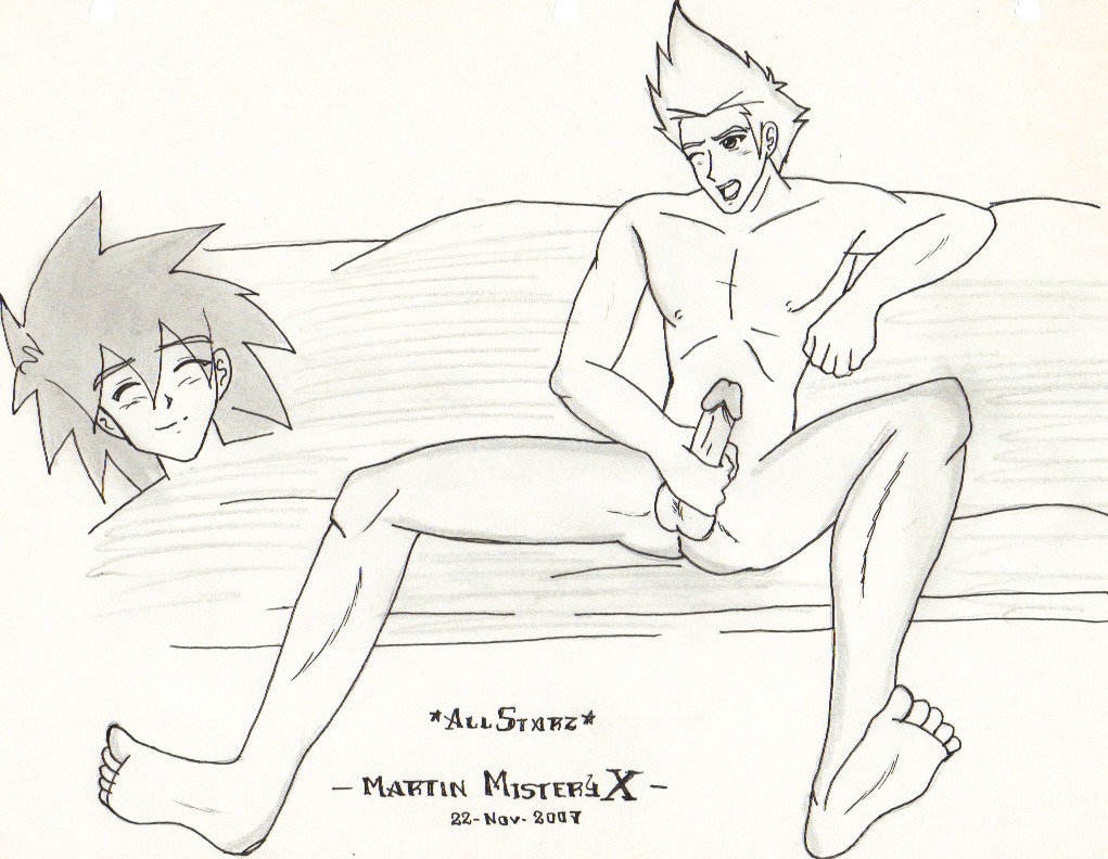 2boys barefoot erection feet gay holding_penis large_penis line_art lineart male male_only martin_mystery martin_mystery_(character) masturbation mouth_open naked nude one_eye_closed penis penis_grab rule34 spread_legs traditional_media_(artwork) wince