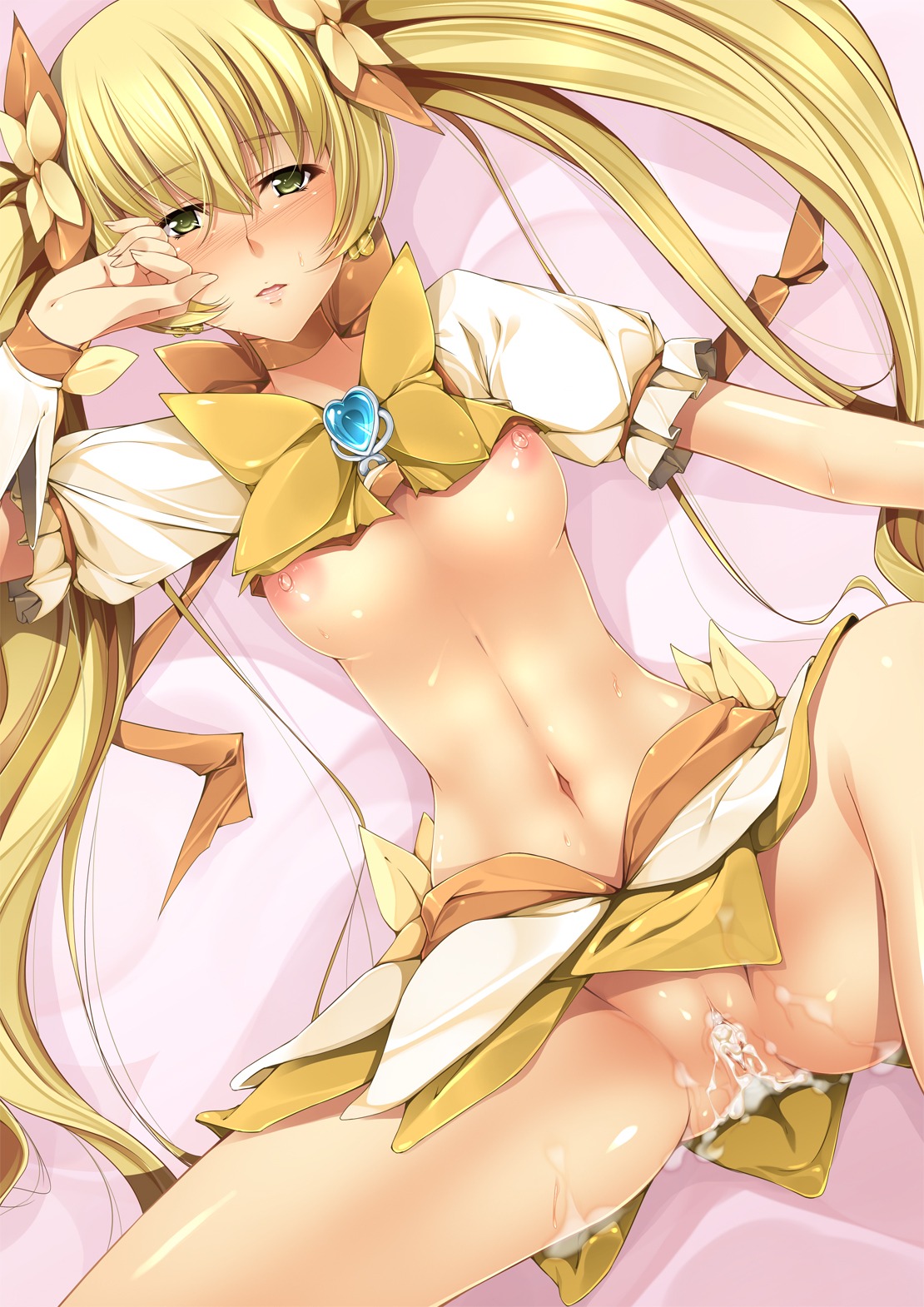 1girls after_sex blonde_hair blush breasts clothing cum cum_inside cure_sunshine dutch_angle female hair_ribbon heartcatch_precure! heartcatch_pretty_cure! highres kazumu long_hair magical_girl myoudouin_itsuki navel nipples no_panties nude precure pretty_cure pussy ribbon rule34 skirt skirt_lift small_breasts solo spread_legs tied_hair twintails uncensored underboob yellow_eyes