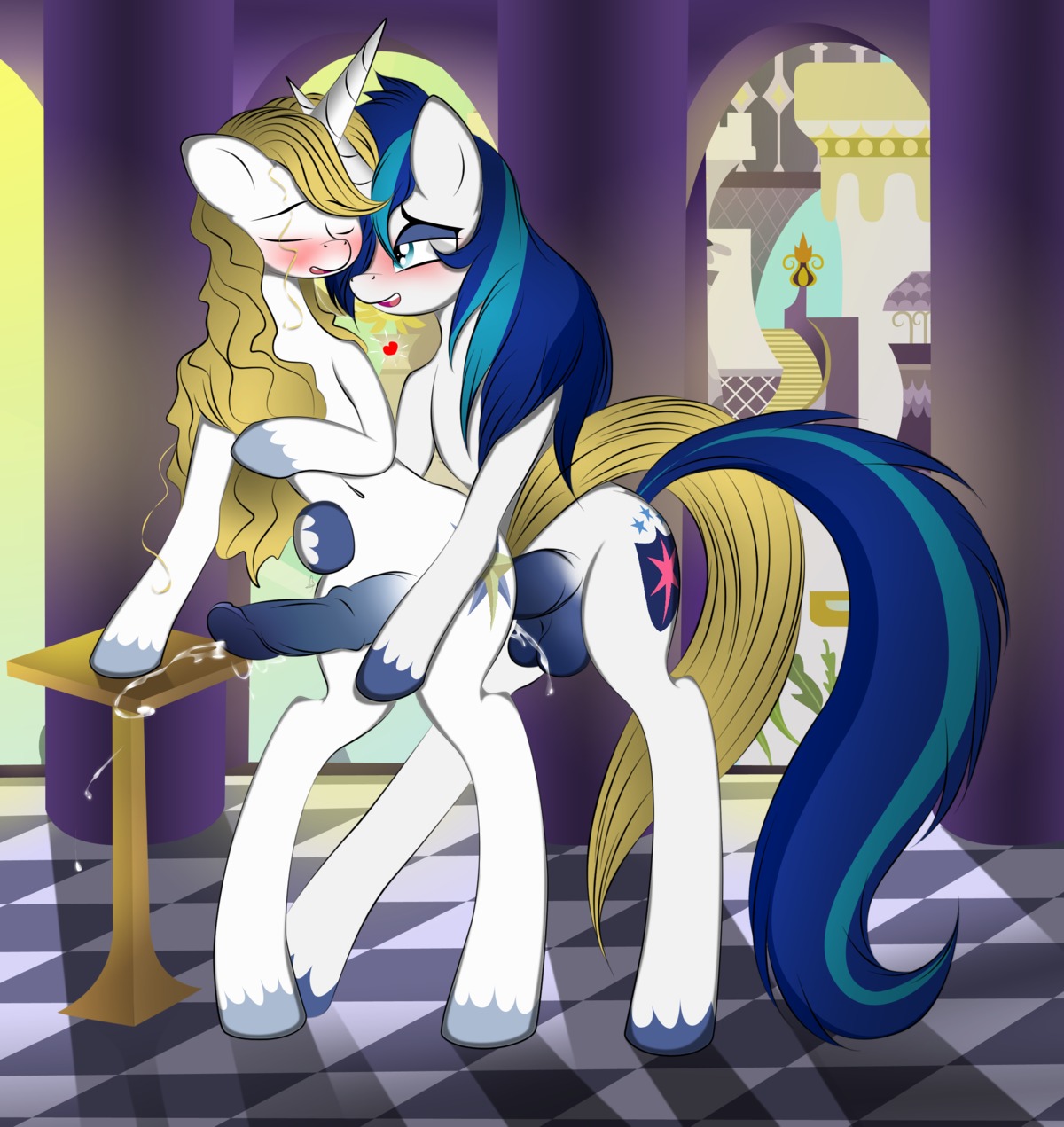 2013 absurd_res anal anal_penetration anthro balls blonde_hair blue_eyes blue_hair blush bodily_fluids cum cum_inside cum_while_penetrated cutie_mark duo e621 ejaculation equid equine erection eyes_closed feral friendship_is_magic from_behind_position fur genital_fluids genitals hair hands-free hasbro heart_symbol hi_res horn inside long_hair male male/male male_penetrated male_penetrating male_penetrating_male mammal my_little_pony mythological_creature mythological_equine mythology navel nude open_mouth orgasm penetration penis prince_blueblood_(mlp) sex shining_armor_(mlp) unicorn v-d-k white_body white_fur