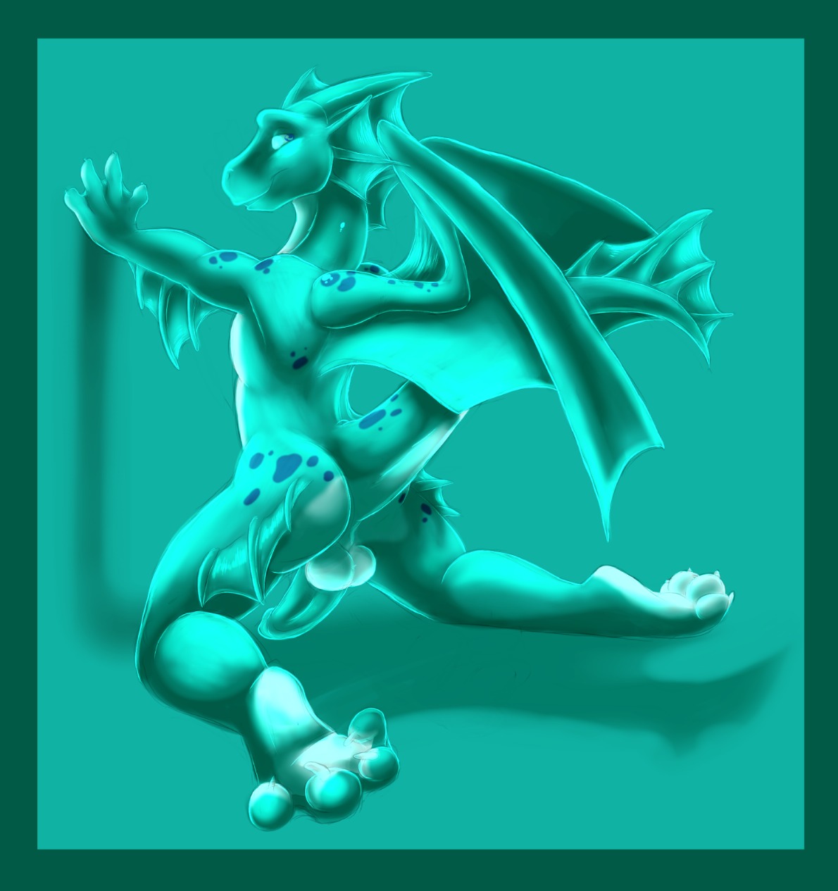against_surface against_wall backsack balls bloo blue_border border dragon e621 erection genitals hi_res humanoid_genitalia humanoid_penis looking_at_viewer looking_back male membrane_(anatomy) membranous_wings mythological_creature mythological_scalie mythology nude penis presenting raised_tail scalie solo spread_legs spreading tail wings
