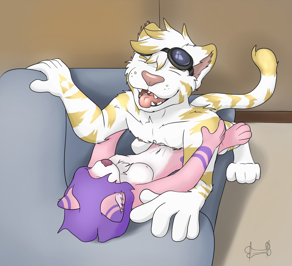 2014 anthro bodily_fluids cum digital_media_(artwork) domestic_cat duo e621 eyewear felid feline felis female furniture fuzzywuff genital_fluids goggles male male/female mammal open_mouth orgasm pantherine pinned simple_background sofa stripes teeth tiger torahi unavailable_at_source young young_anthro