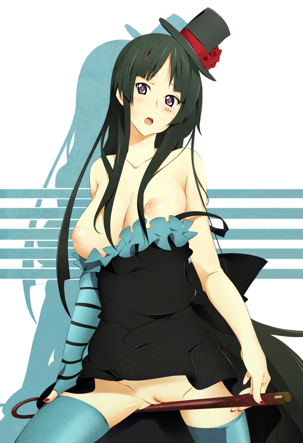 bare_shoulders black_hair blush breasts cane dress female female_only hat highres hime_cut human human_only k-on! long_hair mini_top_hat mio_akiyama_(k-on!) nail_polish nipples no_panties purple_eyes pussy rule34 solo thighhighs top_hat topless uncensored