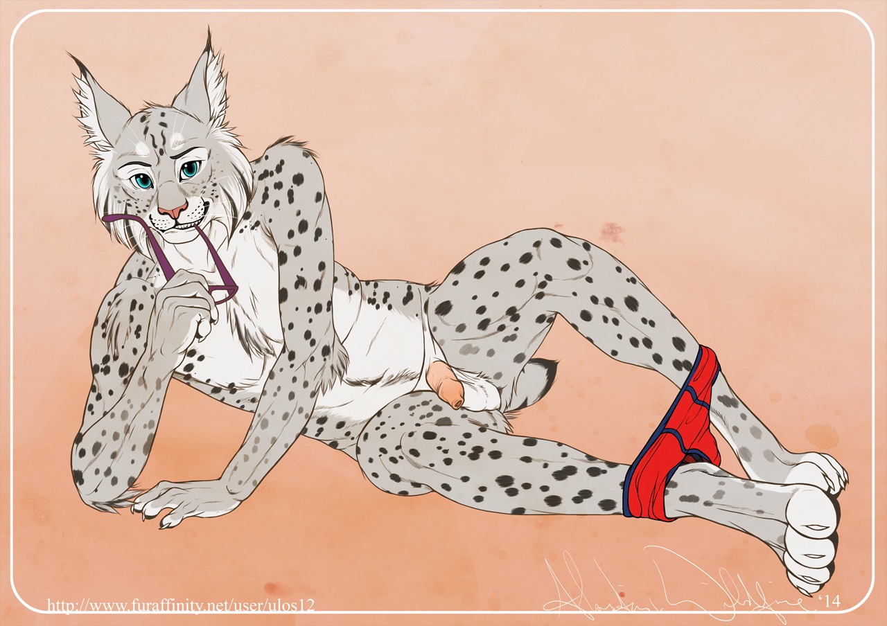 2014 4_toes anthro balls biped blue_eyes chest_tuft clothed clothing countershading e621 eyewear feet felid feline flaccid foreskin fur genitals glasses humanoid_genitalia humanoid_penis long_foreskin looking_at_viewer lying lynx male mammal nude on_side partially_clothed pawpads paws penis simple_background solo spread_legs spreading synx_(synxthelynx) toes tuft ulos12 underwear underwear_down white_balls
