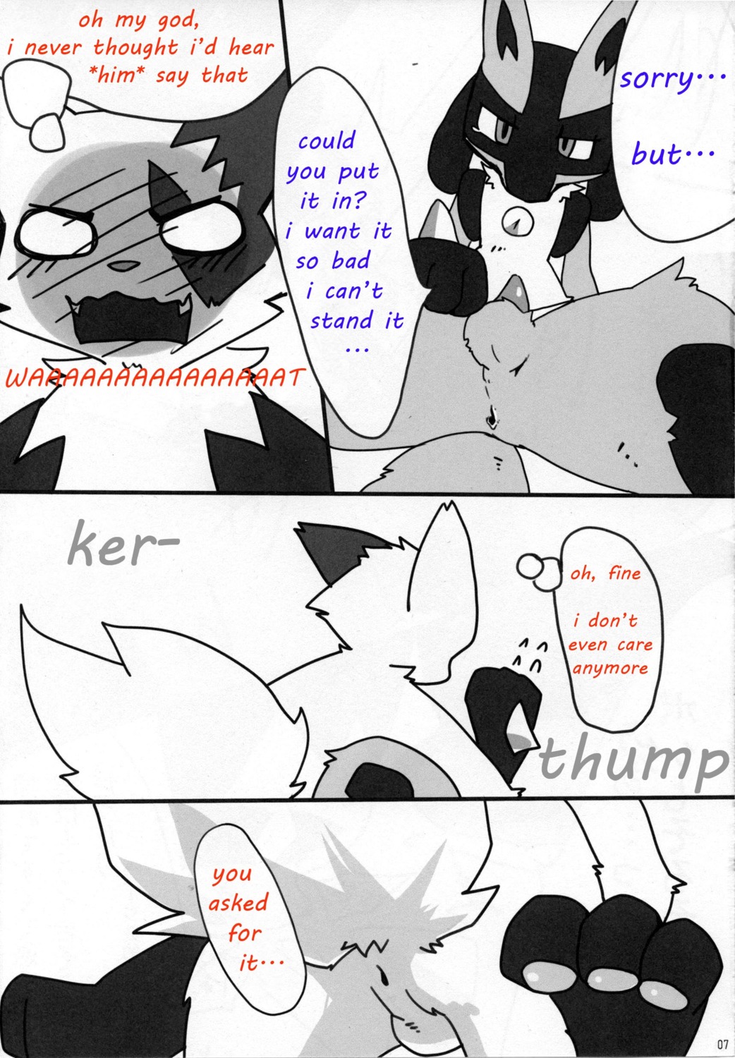 absurd_res anthro anus balls black_and_white canid canine comic dialogue duo e621 english_text erection fur generation_3_pokemon generation_4_pokemon genitals hi_res lucario male male/male male_penetrated male_penetrating male_penetrating_male mammal monochrome nintendo oral penetration penis pokemon pokemon_(species) sex sumi_(artist) text third-party_edit zangoose