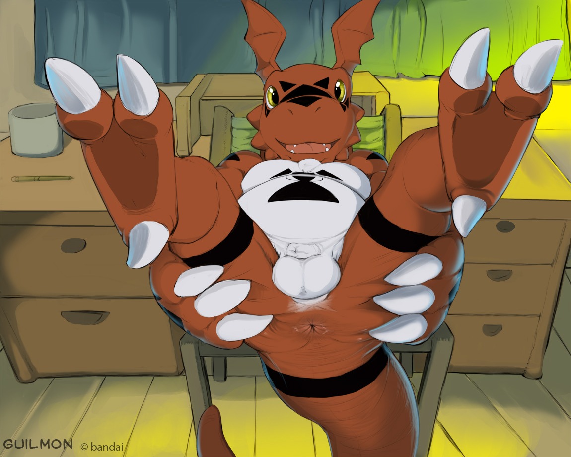 2012 2_toes 5:4 alternate_color anthro anus balls bandai_namco belly bent_legs biped butt chair claws digimon digimon_(species) digital_hazard e621 extended_arms feet flaccid furniture genitals guilmon hand_on_butt hand_on_own_butt hands_on_legs hands_on_own_legs hands_on_own_thighs hands_on_thighs holding_both_legs holding_both_thighs holding_butt inverted_zero_unit legs_up looking_at_viewer lying male markings mythological_creature mythological_scalie mythology narse on_back open_mouth penis presenting presenting_hindquarters red_body reptile scalie smile solo spread_butt spread_legs spreading symbol tail third-party_edit toes tongue white_belly yellow_eyes zero_unit