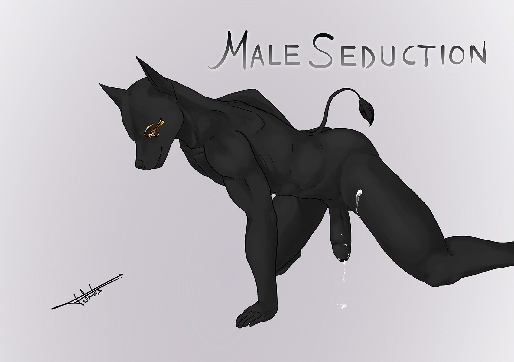 anthro anubian_jackal anubis black_body black_fur black_penis bodily_fluids canid canine canis cum deity e621 egyptian_mythology erection foreskin franubis fur genital_fluids genitals hi_res humanoid_genitalia humanoid_penis jackal looking_at_viewer male male_seduction mammal middle_eastern_mythology mythology nude penis smile solo tail
