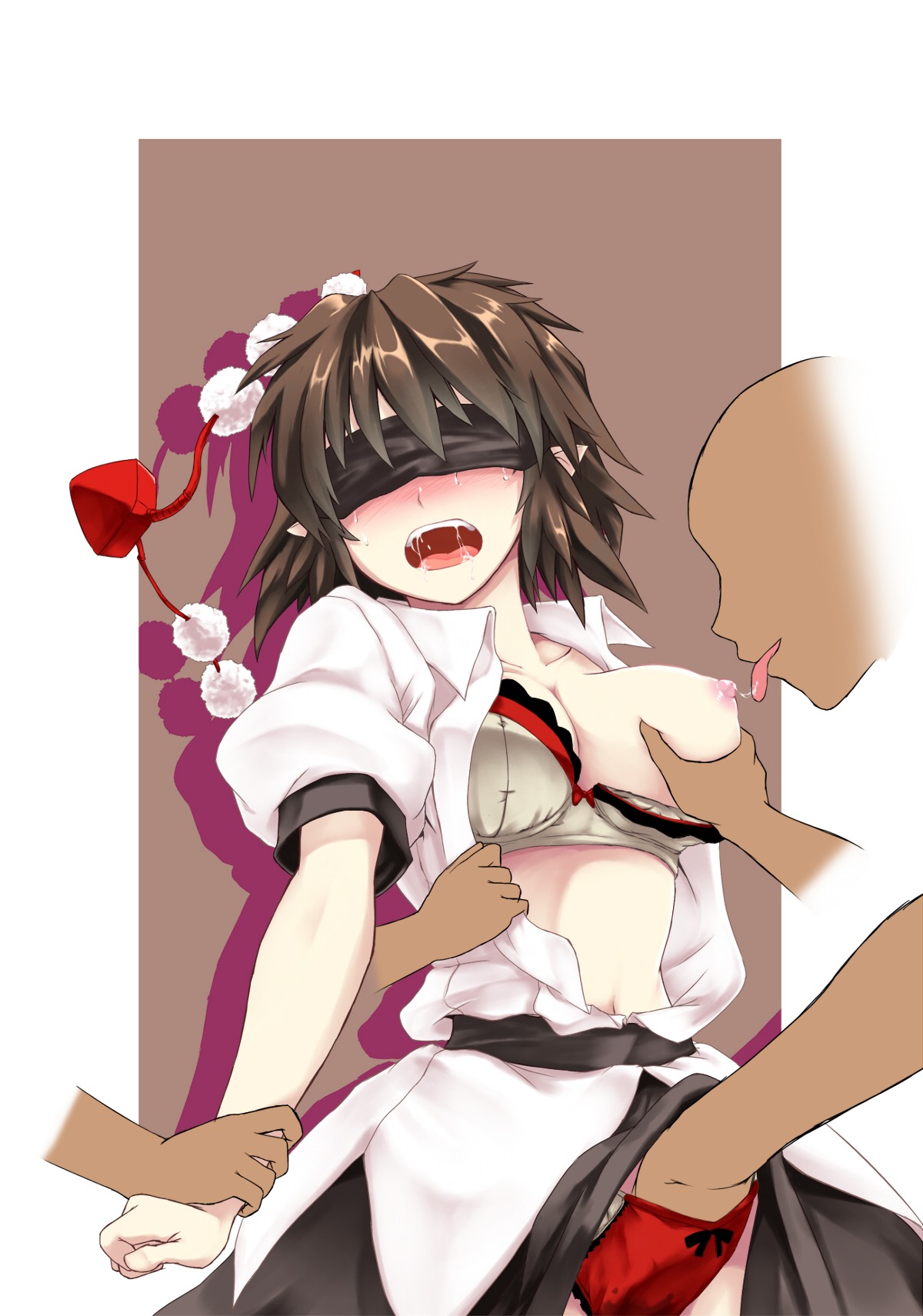 1girls arm_grab blindfold blush bow bow_bra bow_panties bra breast_grab breast_licking breasts breasts_apart brown_hair chaigidhiell cleavage collarbone face female gangbang groping group_sex hand_in_another's_panties hand_in_panties hands hat highres licking lingerie navel nipples open_clothes open_mouth open_shirt panties pointy_ears rape red_panties rule34 saliva saliva_trail shameimaru_aya shirt short_hair skirt skirt_lift solo tear tokin_hat tongue touhou underwear