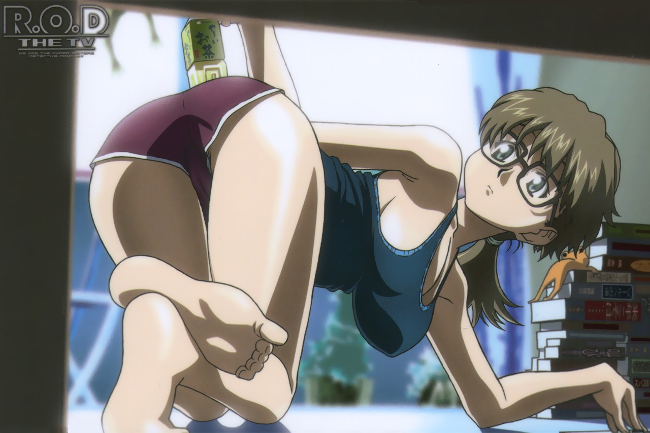 1girls armpits ass bare_shoulders barefoot book bottle breasts brown_hair cameltoe cleavage clothing feet female frog from_behind glasses green_eyes halter halterneck ishihama_masashi large_breasts looking_back nenene_sumiregawa no_bra official_art ponytail pussy read_or_die rule34 short_shorts shorts sideboob soles solo stuffed_animal stuffed_toy swimsuit tank_top tied_hair