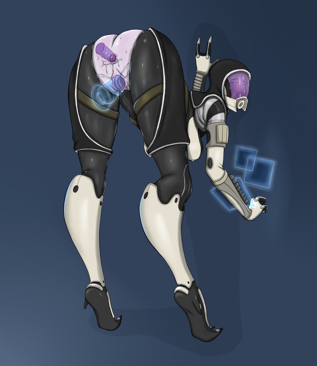 3_fingers alien alien_humanoid anal anal_penetration bent_over bioware clothing darkdragoon daro'xen_vas_moreh double_penetration e621 electronic_arts female fingers hi_res humanoid mass_effect not_furry penetration quarian sex_toy simple_background solo suit vaginal