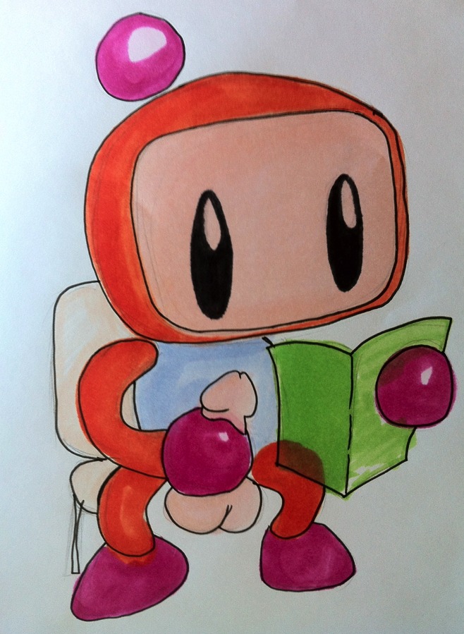 1boy almightyhans bomberman gay holding_book male male_only masturbation orange_bomber penis reading rule34 sitting tagme white_background yaoi