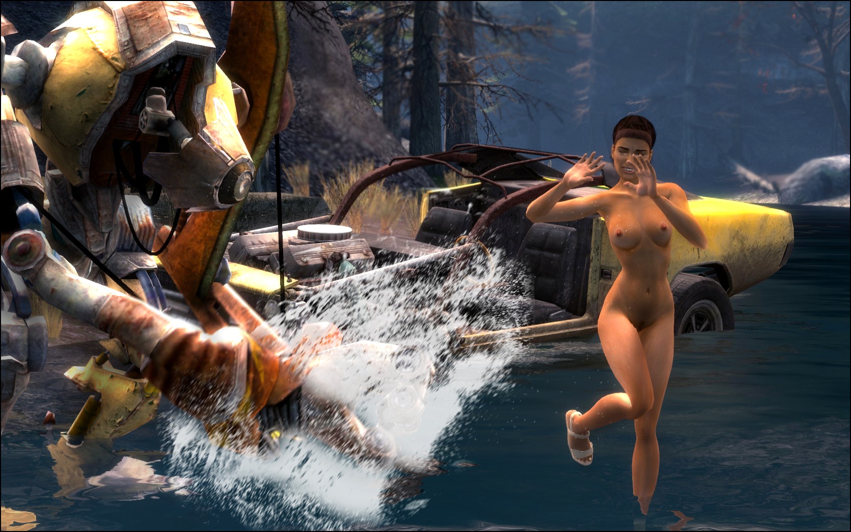 1girls 3d alyx_vance black_hair breasts car completely_nude dog_(half-life_2) female forest garry's_mod half-life_(series) half-life_2 headband hertzel nipples nude nude_female outdoors outside playing river robot rule34 splash valve valve_(company) what