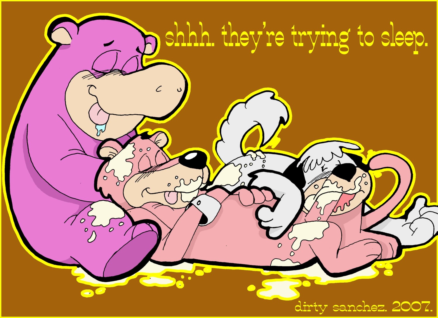 2007 absurd_res after_sex anthro bodily_fluids butt canid canine canis common_hippopotamus cougar cum cum_in_mouth cum_inside cum_on_butt cum_on_face cum_on_fur cum_on_knee cum_on_leg cum_on_penis dirty_sanchez domestic_dog drooling dum_dum e621 eyes_closed felid feline genital_fluids genitals group group_sex hanna-barbera herding_dog hi_res hippopotamid interspecies male male/male mammal pastoral_dog penis peter_potamus saliva sex side_view snagglepuss snagglepuss_(series) tail the_peter_potamus_show toony touche_turtle_and_dum_dum