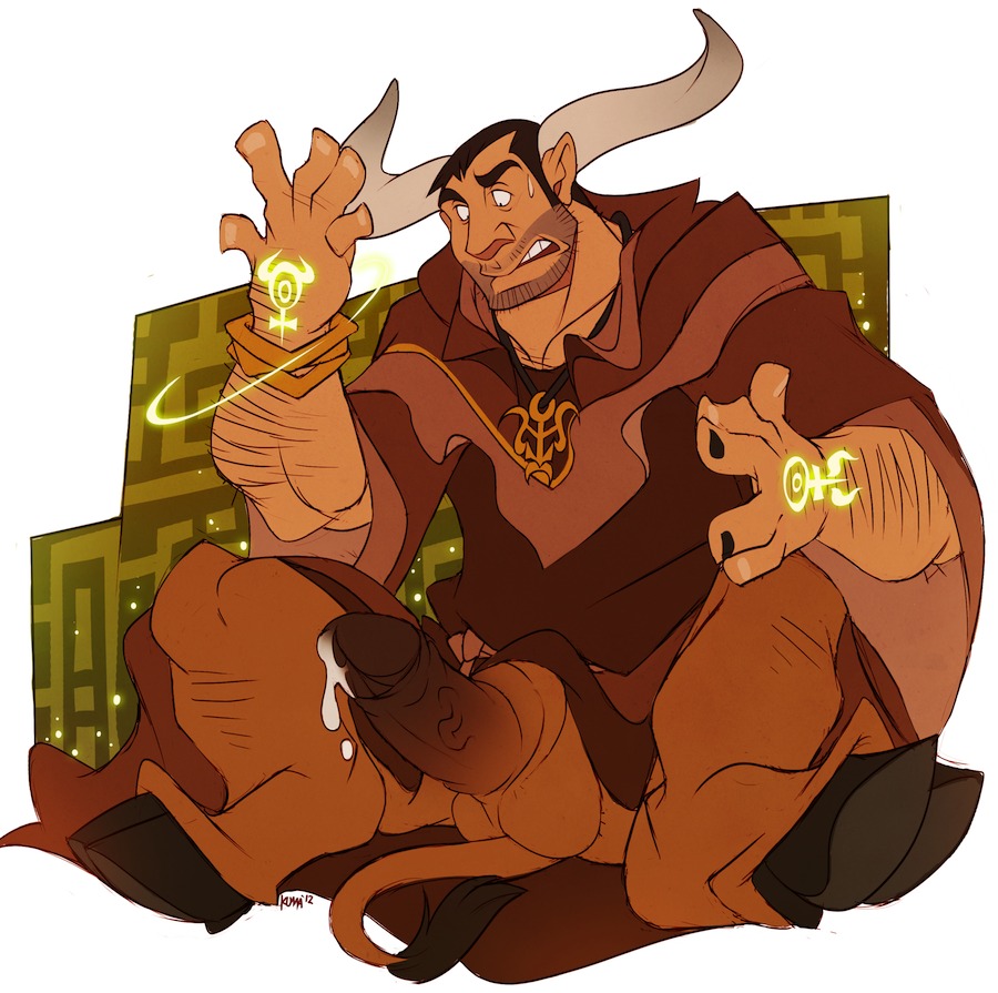 balls bodily_fluids bovid bovine clothing cum e621 erection european_mythology genital_fluids genitals greek_mythology hooves horn jewelry kuma magic male mammal minotaur mythology necklace penis sitting solo tail transformation vein