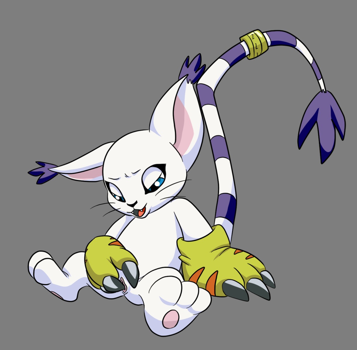 alpha_channel anthro bandai_namco blue_eyes claws digimon digimon_(species) e621 ear_tuft fangs felid female fur gatomon genitals glacierk hi_res mammal masturbation simple_background solo teeth transparent_background tuft vaginal vaginal_masturbation vulva white_body white_fur