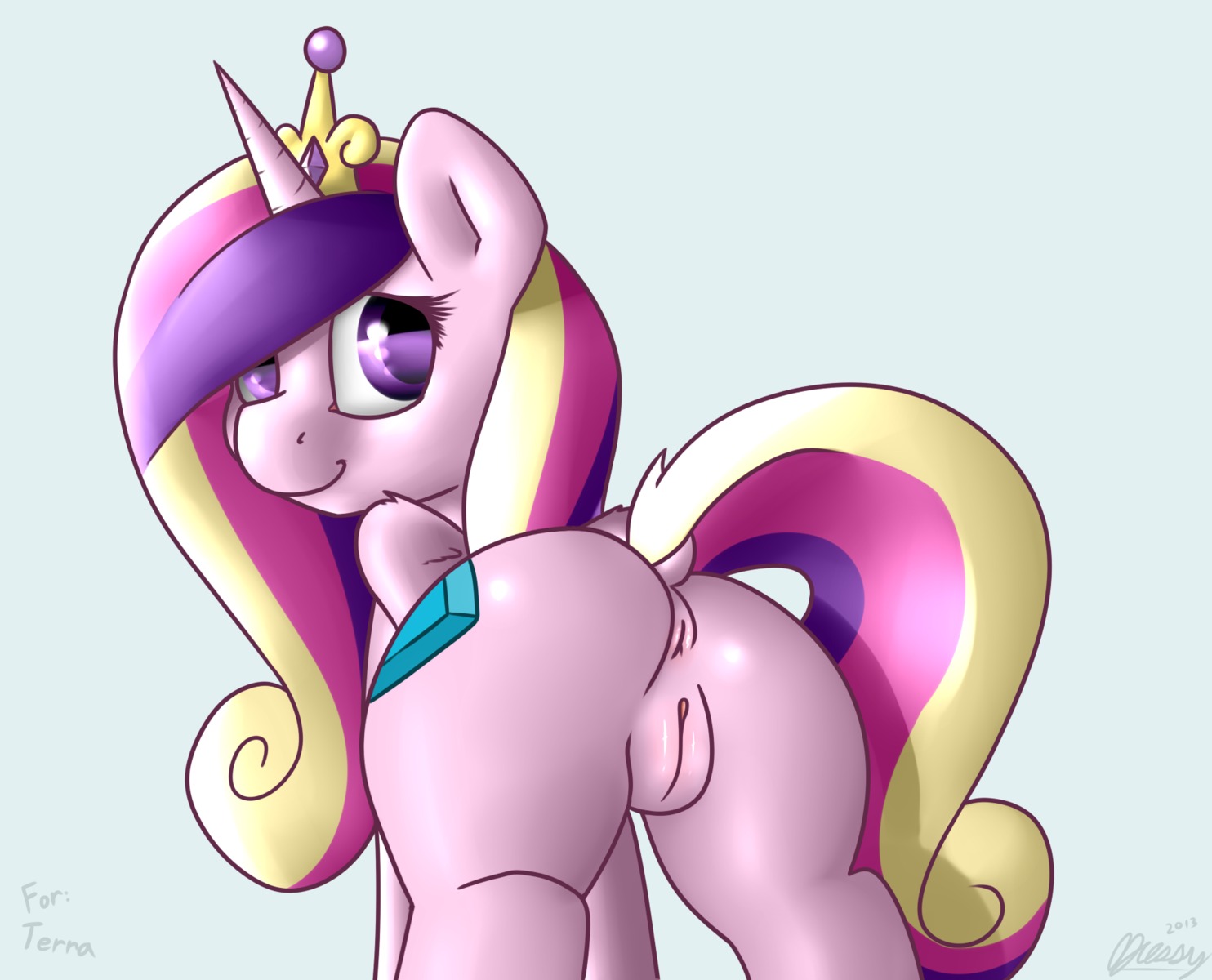 2013 anus butt cutie_mark dissyshy e621 equid equine feathered_wings feathers female feral friendship_is_magic genitals hair hasbro hi_res horn mammal multicolored_hair my_little_pony mythological_creature mythological_equine mythology pink_body pink_feathers princess_cadance_(mlp) purple_eyes simple_background solo vulva winged_unicorn wings
