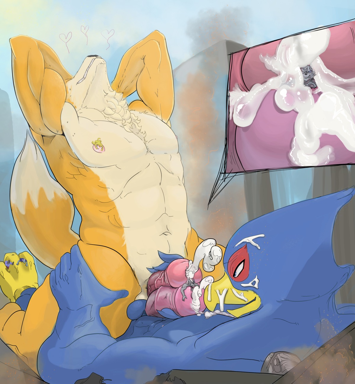 abs anthro anthro_on_anthro avian beak biceps bird blue_body blue_feathers bodily_fluids canid canine canis cum e621 erection falco_lombardi feathers fox fox_mccloud frottage fur genital_fluids genitals group hi_res humanoid_genitalia humanoid_penis interspecies justmegabenewell macro male male/male mammal micro muscular nintendo nipples nude pecs penile penis penises_touching sex star_fox wolf wolf_o'donnell