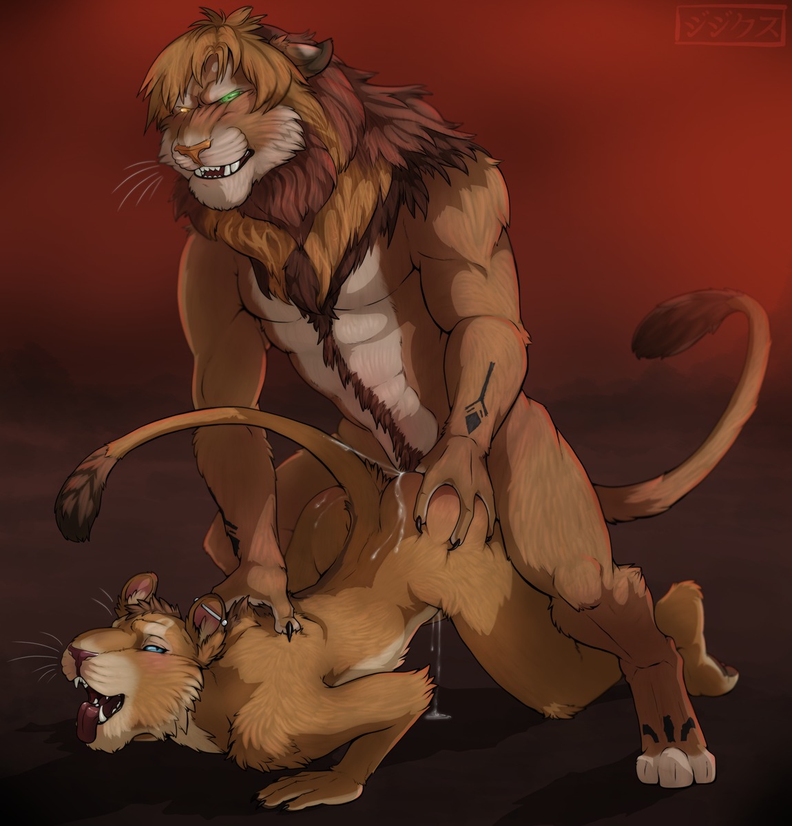 2013 all_fours anthro ass_up big_muscles bodily_fluids body_hair butt butt_grab cum cum_inside digital_media_(artwork) doggystyle dripping duo e621 ear_piercing felid female female_penetrated from_behind_position fur genital_fluids glowing glowing_eyes hand_on_butt happy_trail heterochromia industrial_piercing lion male male/female male_penetrating male_penetrating_female mammal muscular nude open_mouth orange_body orange_fur pantherine pecs penetration piercing raised_tail sex tail tongue tongue_out vagabond_(artist)