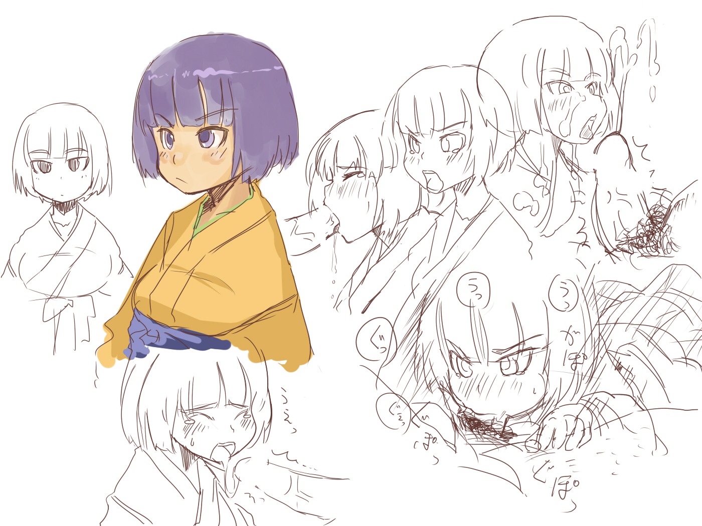 blunt_bangs bob_cut censored cum cum_in_mouth fellatio female haitukun ishigaki_tamaki japanese_clothes kimono male monochrome oral penis rule34 short_hair taishou_yakyuu_musume