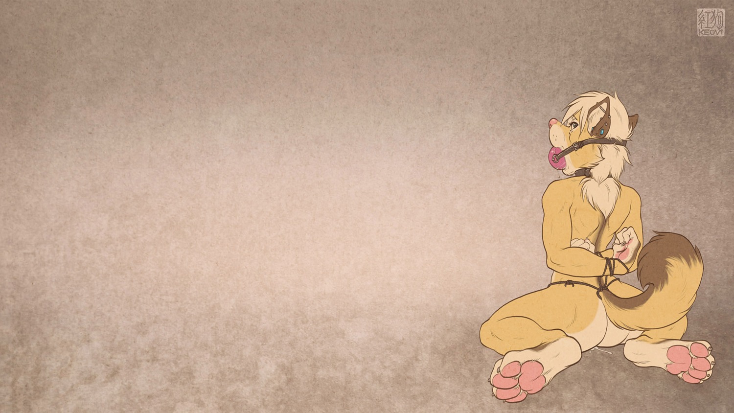 16:9 2013 ambiguous_gender anthro ball_gag bdsm biped blue_eyes bodily_fluids bondage bound brown_background brown_body brown_fur brown_tail butt canid canine canis collar collar_only domestic_dog drooling e621 ear_piercing feet female fluffy fluffy_tail fur gag gagged gradient_background hair hands_behind_back hi_res keovi keovi_(character) kio_(keovi) kneeling looking_at_viewer looking_back mammal multicolored_body multicolored_fur multicolored_tail nude pawpads paws piercing pink_nose pink_pawpads rope saliva simple_background sitting snout solo submissive submissive_female tail tan_body tan_fur tan_hair wallpaper wariza widescreen yellow_body yellow_fur yellow_tail