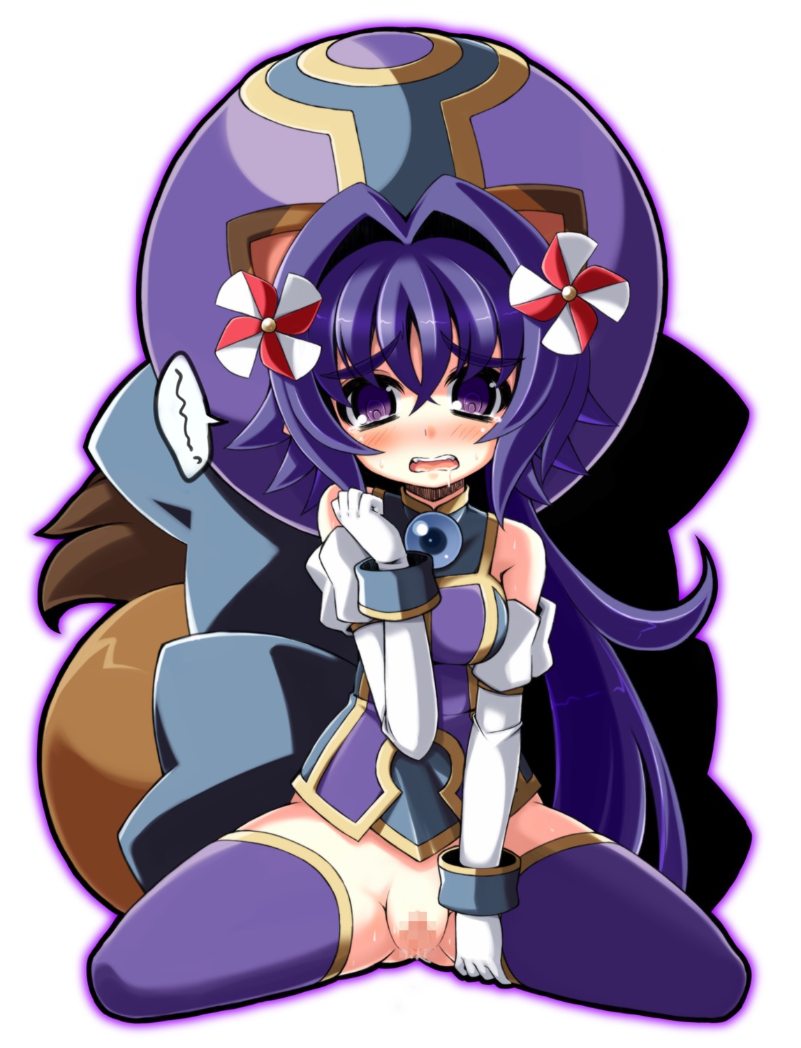 animal_ear blush censored clothing crazy_developers female hat highres matsuhime_mujina purple_eyes purple_hair purple_legwear pussy raccoon_ear raccoon_tail rule34 saliva shinrabanshou sitting solo stockings tail thighhighs wariza