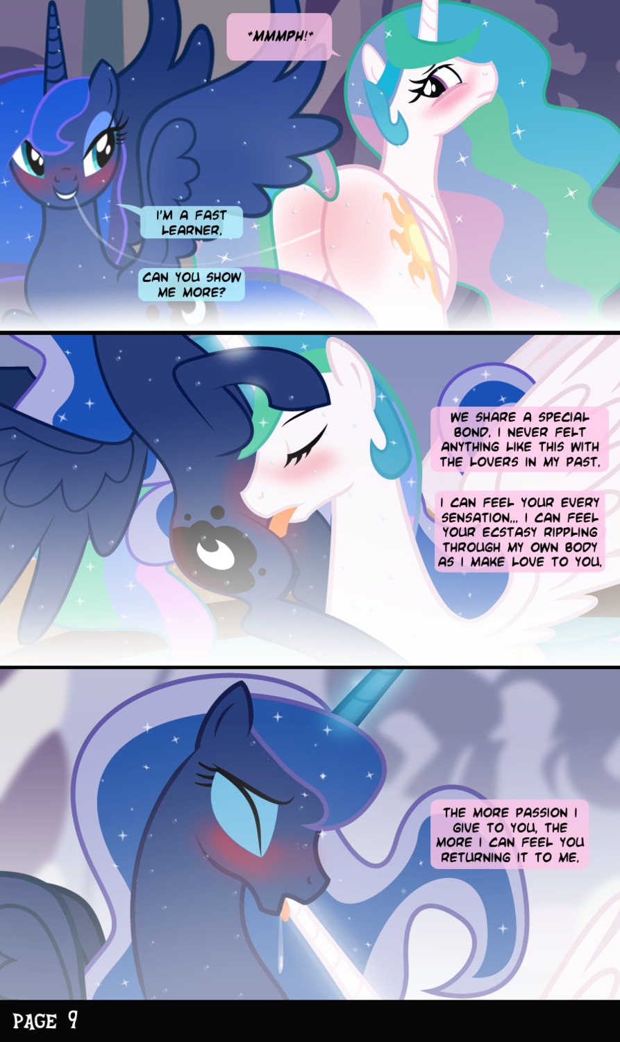 2012 bath blue_body blue_feathers blue_hair blush bodily_fluids comic cunnilingus cutie_mark duo e621 english_text equid equine feathered_wings feathers female female/female feral friendship_is_magic hair hasbro hi_res horn horn_fetish horn_in_mouth horn_play horn_sex horn_suck hornjob incest_(lore) long_hair mammal multicolored_hair my_little_pony mythological_creature mythological_equine mythology nude oral princess princess_celestia_(mlp) princess_luna_(mlp) royalty saliva saliva_on_tongue saliva_string sex sibling_(lore) sister_(lore) sisters_(lore) smile sucking tail text unknown_artist vaginal water wet white_body white_feathers wing_boner winged_unicorn wings