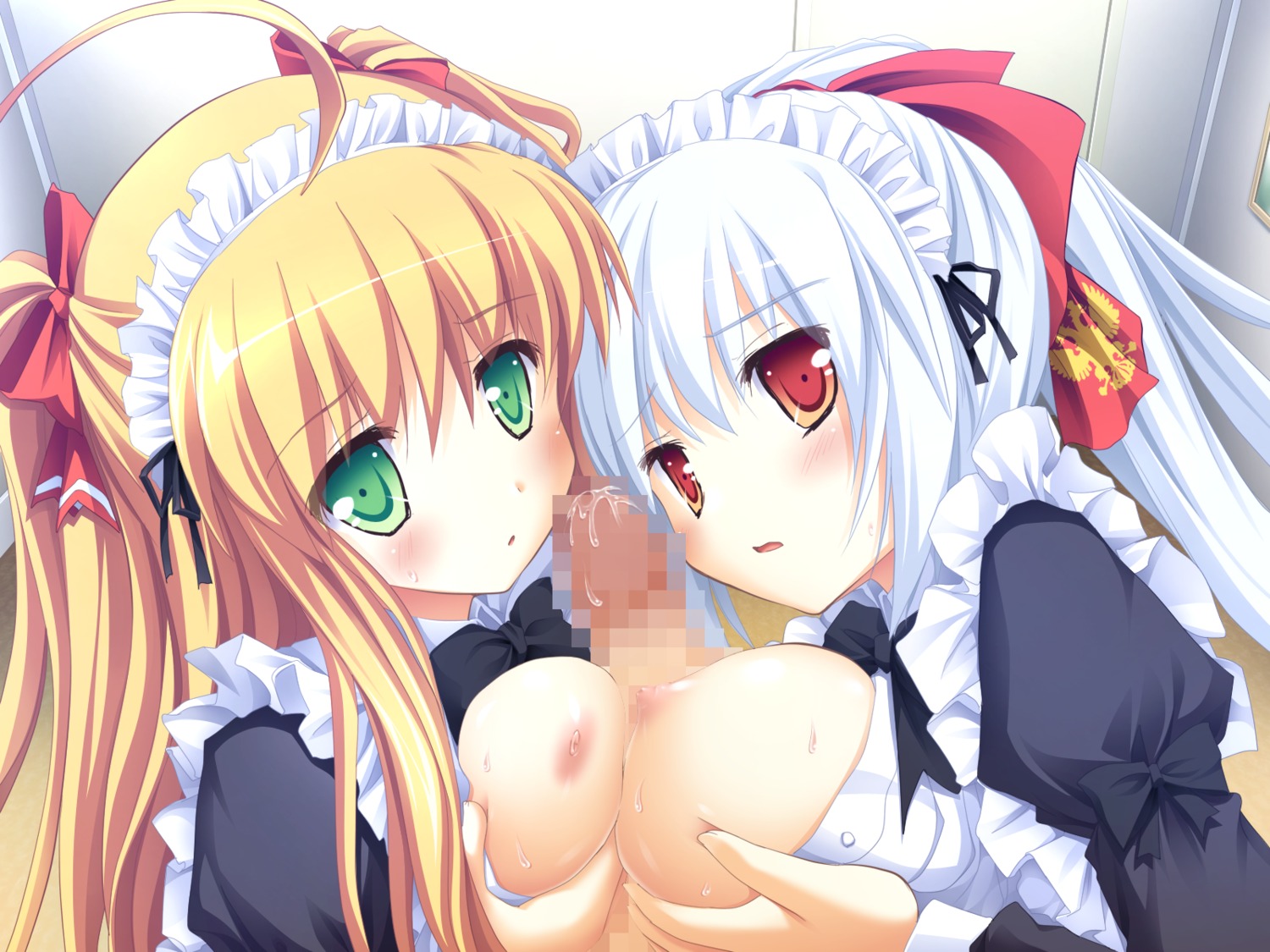 2girls blush breasts censored female game_cg green_eyes human irina_vladimirovna_putina maid male nipples osananajimi_wa_daitouryou ouhama_yukino paizuri rule34 straight