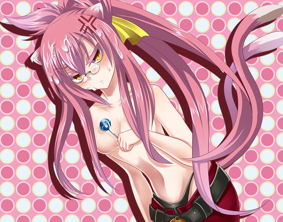 1girls angry animal_ears bare_shoulders bell belt black_panties blazblue blush breasts bukkake candy cat_ears cat_eyes cat_tail convenient_censoring cum cum_on_food cum_on_hair facial female food glasses kokonoe lollipop long_hair midriff multi_tail navel panties pants pink_background pink_hair ponytail ribbon rule34 shirtless slit_pupils solo sweatdrop tail tied_hair topless underwear yellow_eyes yellow_ribbon