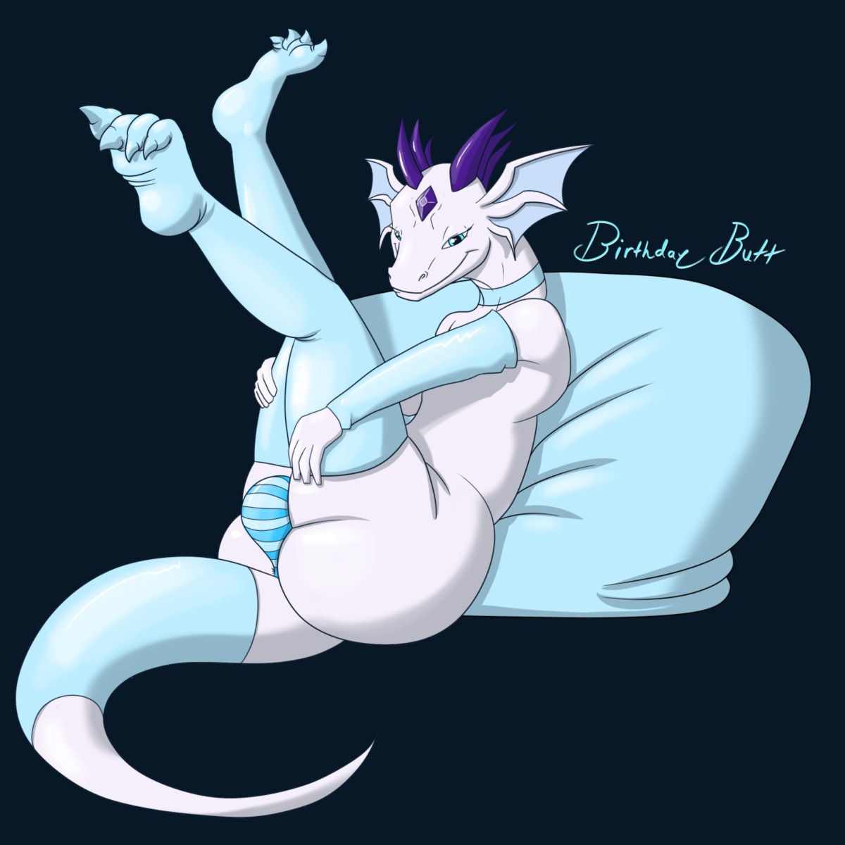 1:1 2014 4_toes anthro anus barely_visible_anus bent_arm bent_legs big_butt blue_eyes bulge butt clothing diamondwing dragon e621 extended_arm feet femboy half-closed_eyes hands_on_legs hands_on_own_legs hands_on_own_thighs hands_on_thighs hands_under_legs hi_res holding_both_legs holding_both_thighs holding_legs_up horn legs_in_air legs_up legwear looking_at_viewer male mukihyena mythological_creature mythological_scalie mythology narrowed_eyes pillow reclining scalie seductive simple_background solo stockings tail thelapdragon toes underwear white_body