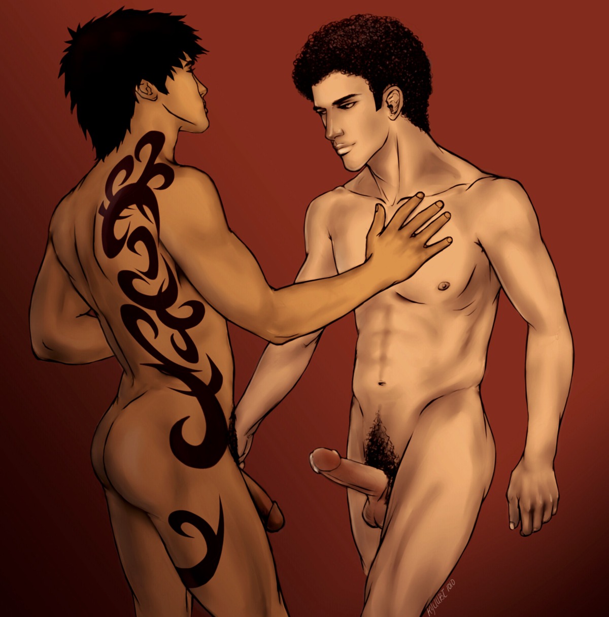 2boys aburame_shino afro artist_request ass balls bare_arms bare_back bare_legs black_hair closed_mouth collarbone dark_skin erection gradient_background interracial kankuro lips looking_at_another male male_only multiple_boys multiple_males naruto naruto_(series) navel neck nude penis pubic_hair red_background rule34 smile standing tattoo testicles uncensored yaoi