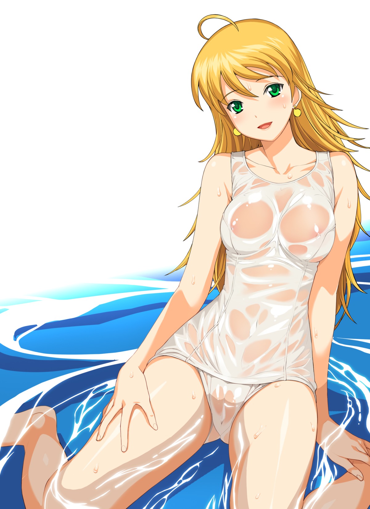 blonde_hair blush cameltoe earrings female green_eyes high_resolution hoshii_miki idolmaster jewelry kneeling long_hair one-piece_swimsuit pussy rule34 school_swimsuit see-through sitting swimsuit water white_school_swimsuit