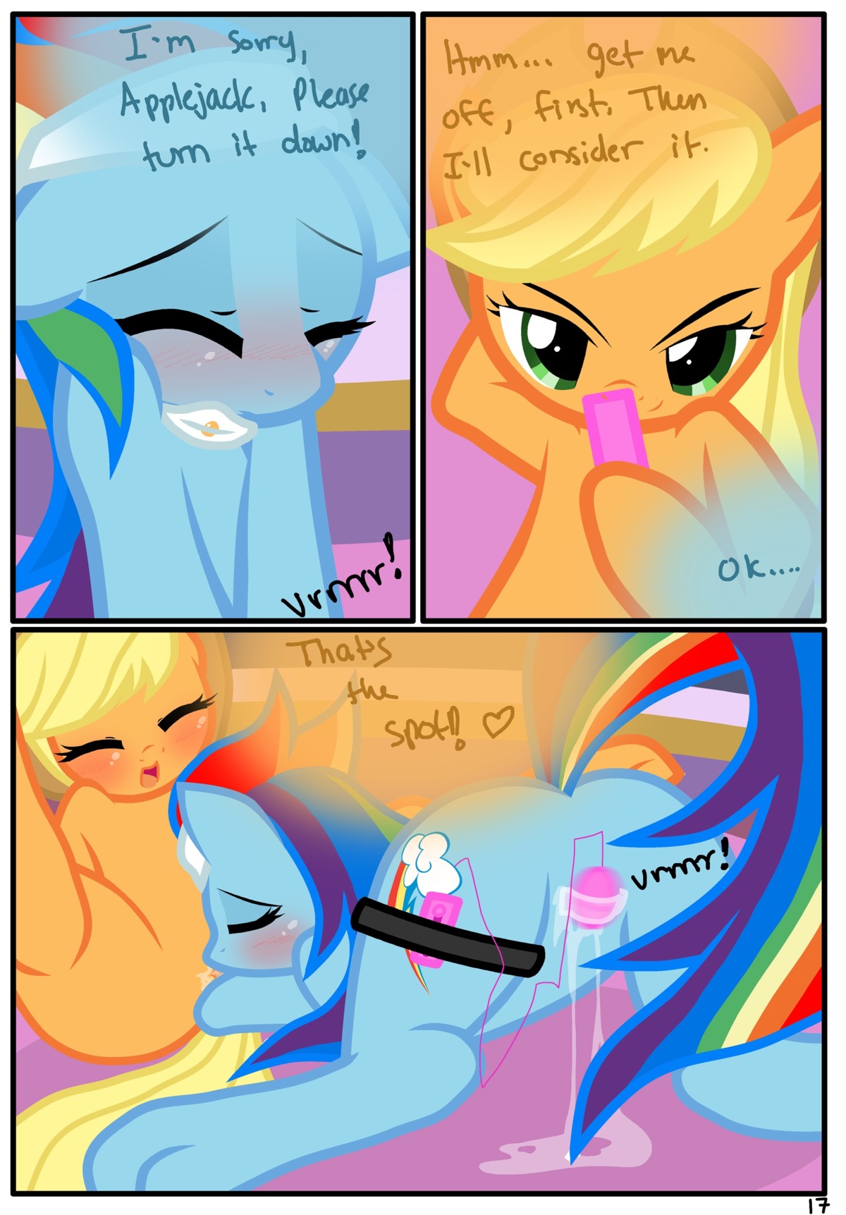 2012 absurd_res applejack_(mlp) blonde_hair blue_body blue_feathers blue_fur blush bodily_fluids clothing comic cowboy_hat cunnilingus cutie_mark dialogue drooling duo e621 earth_pony english_text equid equine eyes_closed feathered_wings feathers female female/female feral friendship_is_magic fur genital_fluids green_eyes hair hasbro hat headgear headwear hi_res horse lying mammal multicolored_hair my_little_pony mythological_creature mythological_equine mythology nude on_front oral orgasm pegasus pony pyruvate rainbow_dash_(mlp) rainbow_hair saliva sex sex_toy tail text vaginal vaginal_fluids vibrator wings