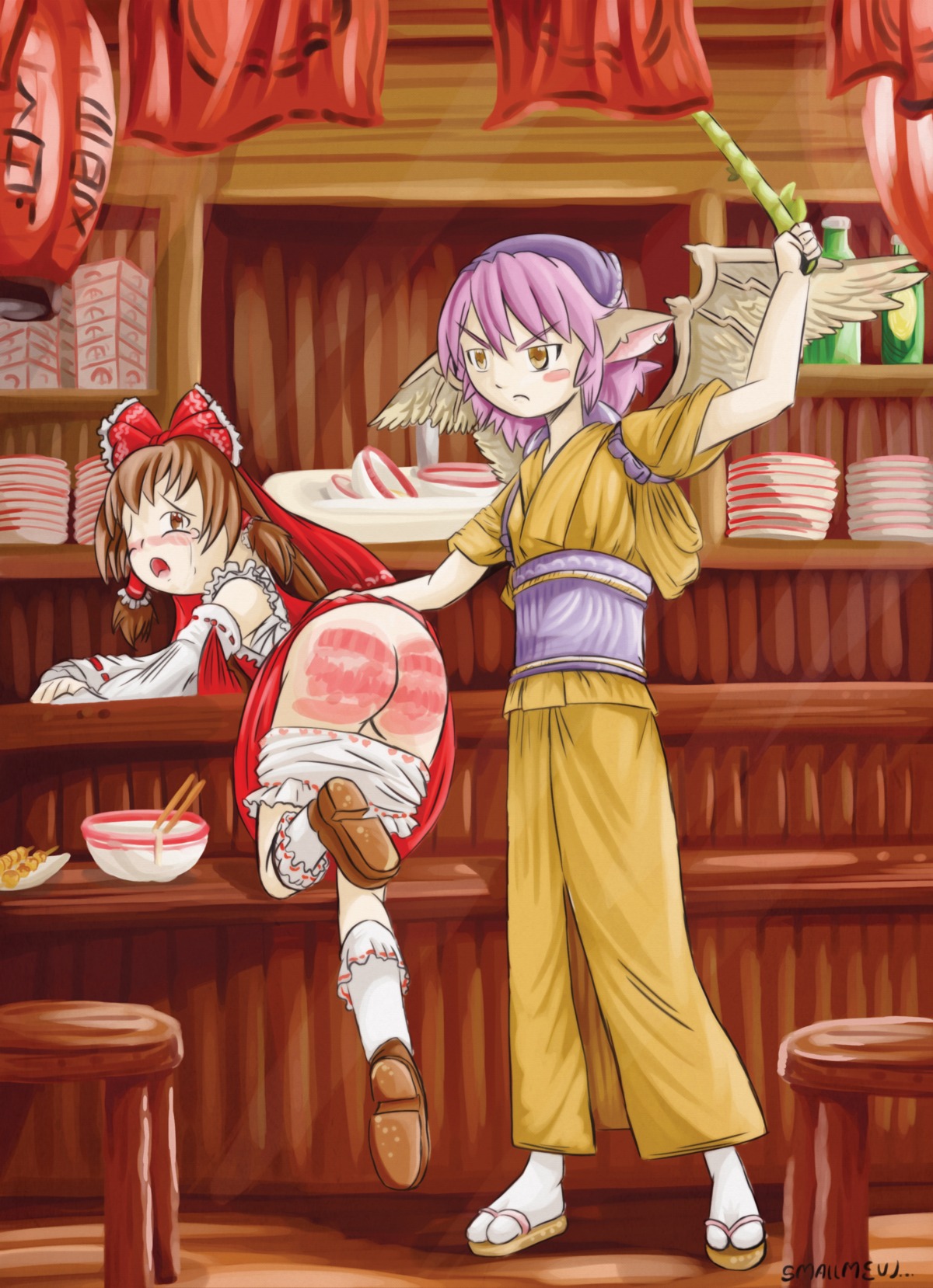 2girls crying_with_eyes_open female mewy mystia_lorelei reimu_hakurei rule34 smallmew spanking tagme touhou