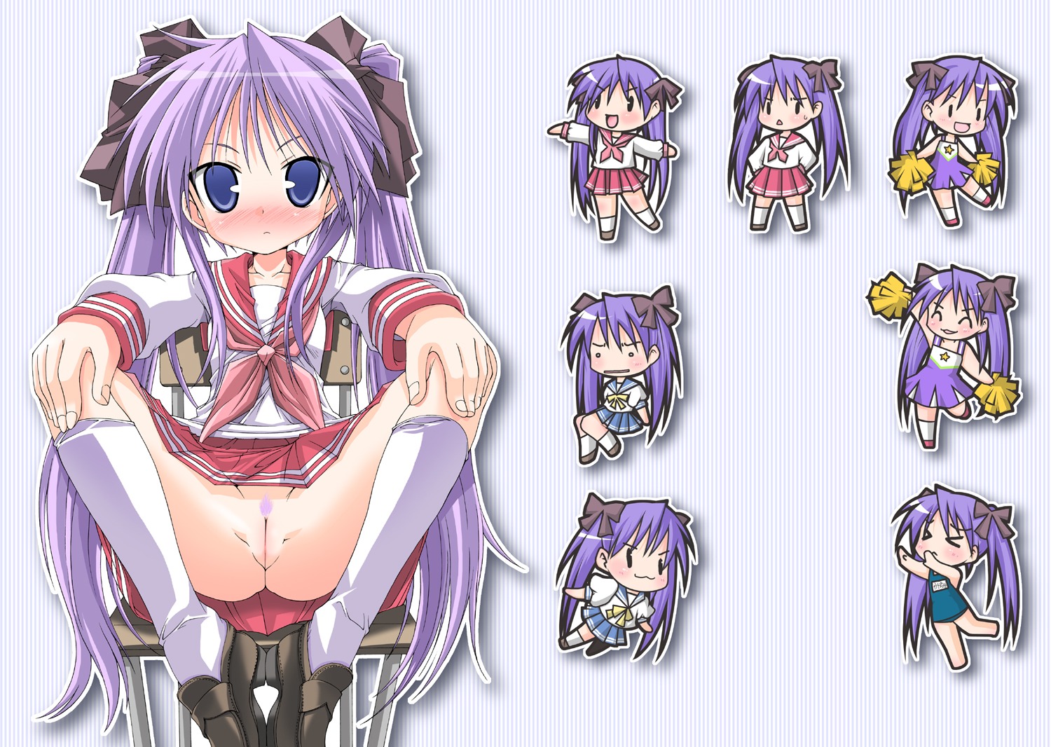 1girls blue_eyes blush brown_loafers cheerleader chibi female footwear kagami_hiiragi kim_cheee kimchii knee_socks kneehighs kneesocks lavender_hair lavender_pubic_hair loafers long_hair lucky_star mima_chi no_panties one-piece_swimsuit purple_hair pussy ribbon rule34 ryouou_school_uniform school_swimsuit socks spread_legs swimsuit tied_hair twintails uncensored very_long_hair white_socks