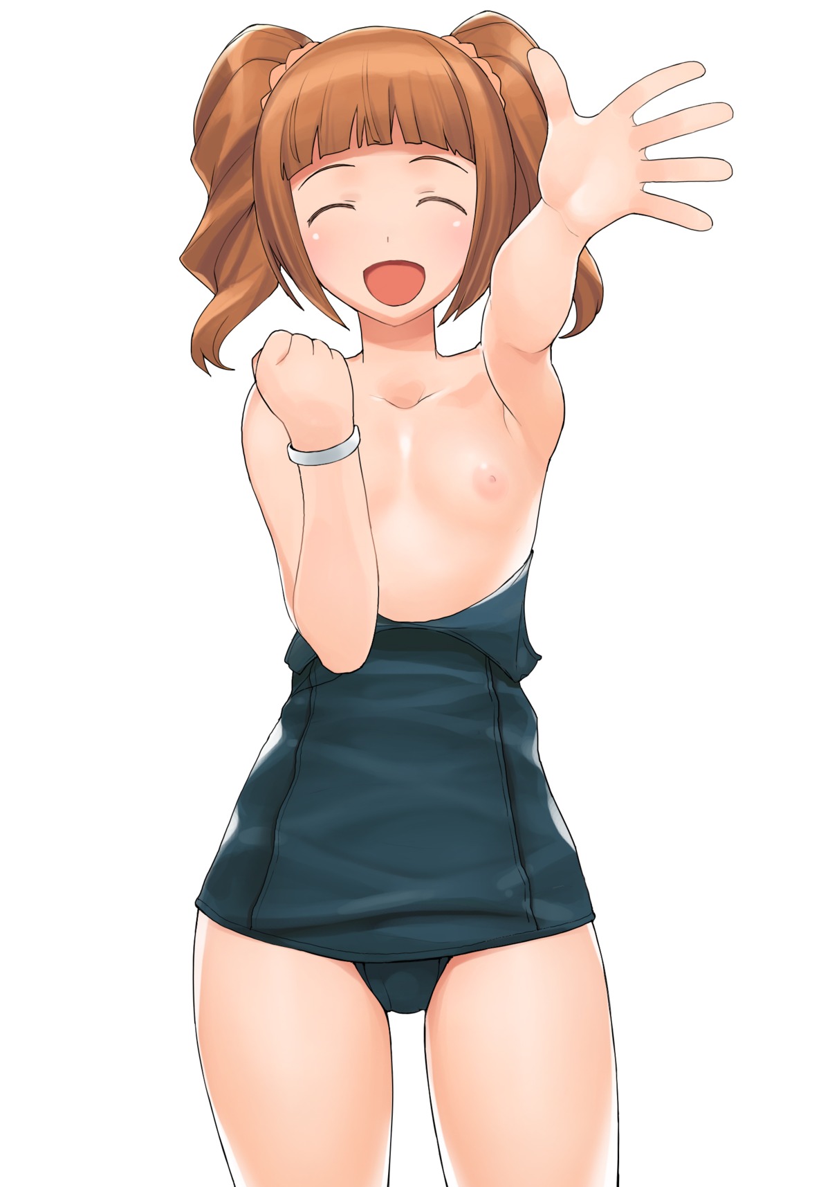1girls :d a1 bracelet brown_hair closed_eyes drill_hair female flat_chest foreshortening high_five highres idolmaster jewelry nipples one-piece_swimsuit open_mouth rule34 school_swimsuit smile solo swimsuit swimsuit_pull takatsuki_yayoi tied_hair topless twintails