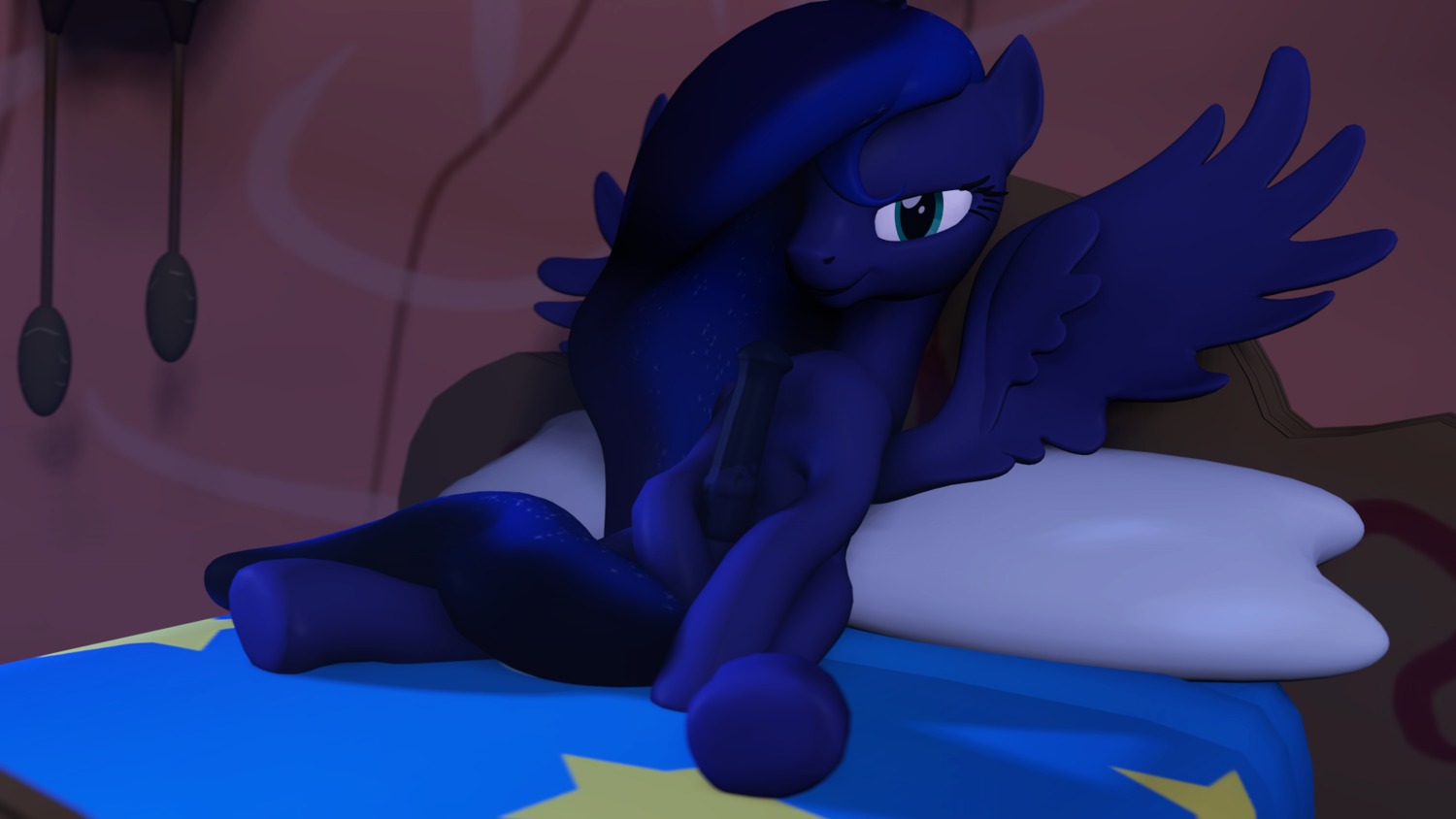 16:9 3d_(artwork) animal_genitalia bed blue_body blue_feathers blue_fur blue_hair digital_media_(artwork) e621 equid equine erection feathered_wings feathers feral friendship_is_magic fruitymilk fur furniture genitals gynomorph hair hasbro hi_res horn intersex mammal my_little_pony mythological_creature mythological_equine mythology nude penis princess_luna_(mlp) solo source_filmmaker_(artwork) widescreen winged_unicorn wings