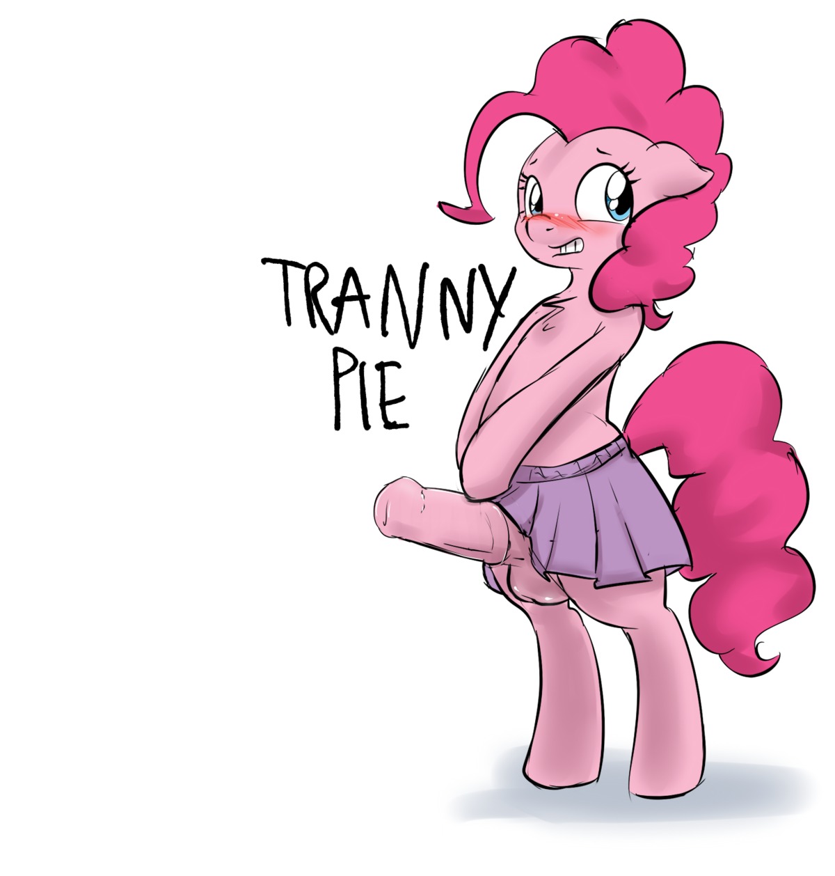 2013 anthro atrolux balls biped blue_eyes blush bottomwear clothing conditional_dnp digital_media_(artwork) e621 earth_pony equid equine erection friendship_is_magic genitals gynomorph hair hasbro hi_res horse intersex mammal my_little_pony penis pink_hair pinkie_pie_(mlp) pony simple_background skirt slur solo text trans_(lore) trans_woman_(lore) transphobic_slur white_background