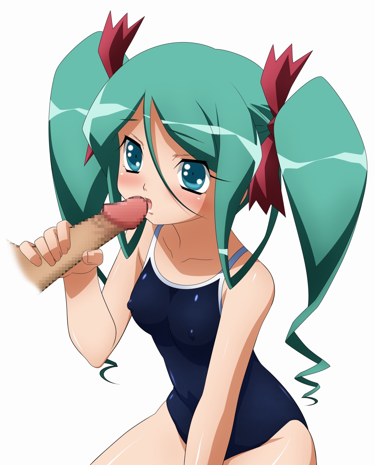 censored fellatio female green_hair highres kuroki_manatsu licking male oral penis rule34 saliva sugimura_tomokazu utakata