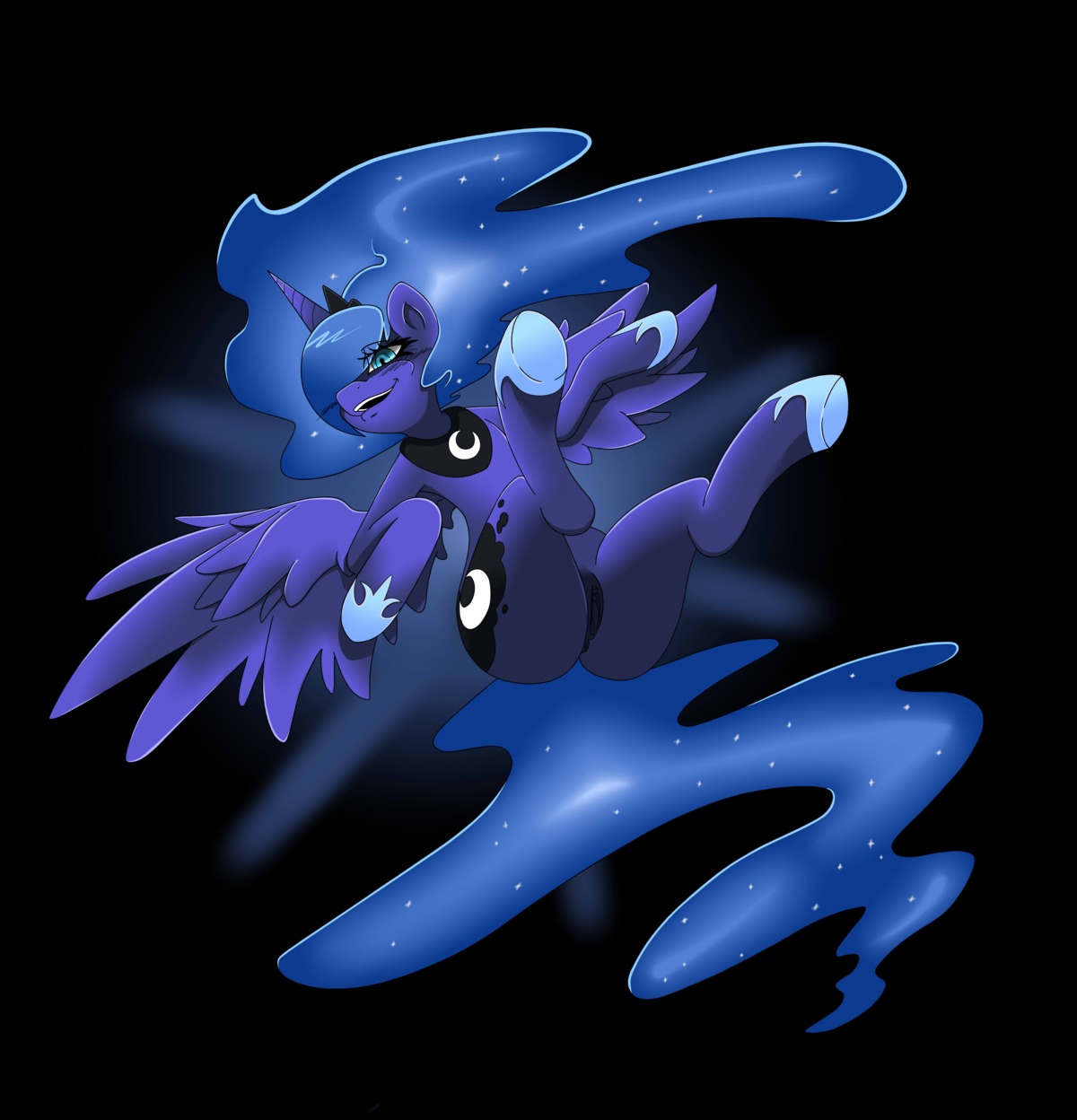 absurd_res anus blue_body blue_feathers blue_fur blue_hair blush clitoris crown cutie_mark e621 equid equine feathered_wings feathers female feral friendship_is_magic fur gear_(artist) genitals hair hasbro headgear hi_res hooves horn legs_up long_hair looking_at_viewer lying mammal my_little_pony mythological_creature mythological_equine mythology on_back open_mouth presenting princess_luna_(mlp) royalty smile solo spread_legs spreading teal_eyes vulva winged_unicorn wings