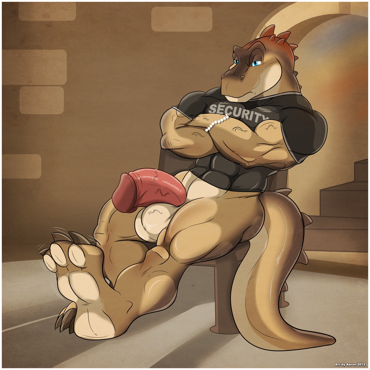 1:1 2012 3_toes aaron_(artist) abs allosaurid allosauroid allosaurus anthro balls barefoot biceps big_balls big_muscles big_penis biped blue_eyes border bottomless bouncer bracelet brown_body brown_skin chair claws clothed clothing crossed_arms digital_media_(artwork) dinosaur e621 english_text feet foreskin furniture genitals half-erect hi_res horn humanoid_genitalia humanoid_penis jewelry landon_mornhinweg male muscular muscular_anthro muscular_male nude pecs penis pose prehistoric_species presenting reptile retracted_foreskin saurischian scales scalie security shirt sitting solo tail text text_on_clothing text_on_shirt text_on_topwear theropod thick_penis toe_claws toes topwear vein veiny_balls veiny_penis white_border