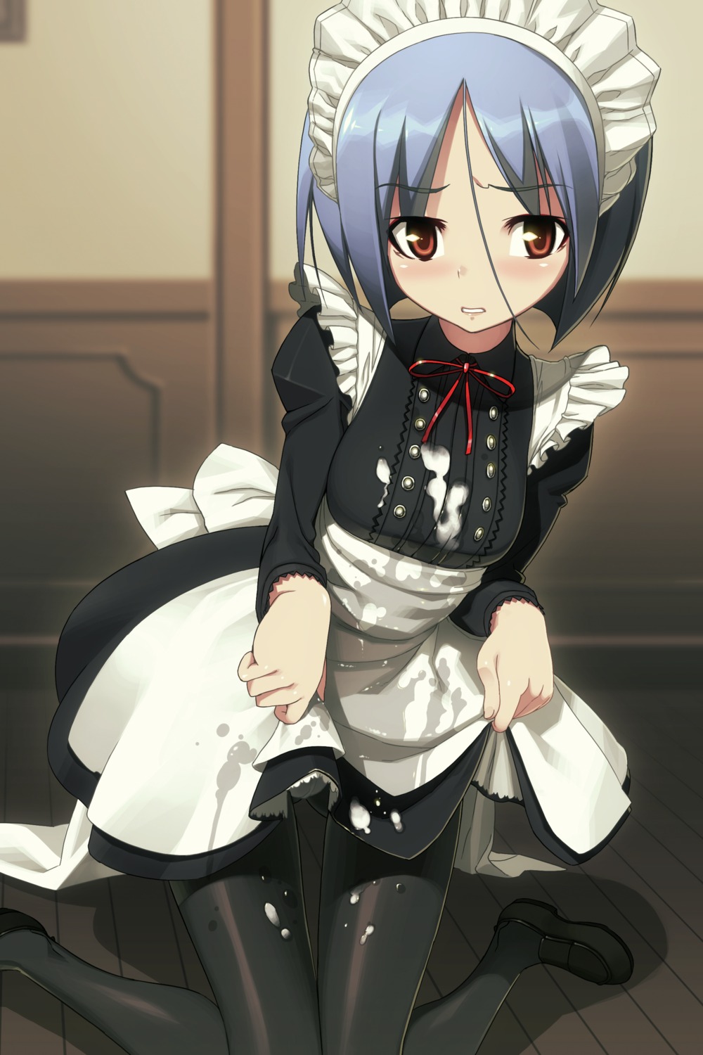1girls ayane_ichijou blue_hair blush cum cum_on_clothes female female_focus female_only full_metal_daemon:_muramasa light-skinned_female light_skin maid maid_apron maid_headdress maid_uniform namaniku_atk pale-skinned_female pale_skin pantyhose red_eyes rule34 short_hair solo_female teenage_female teenager wet young young_female
