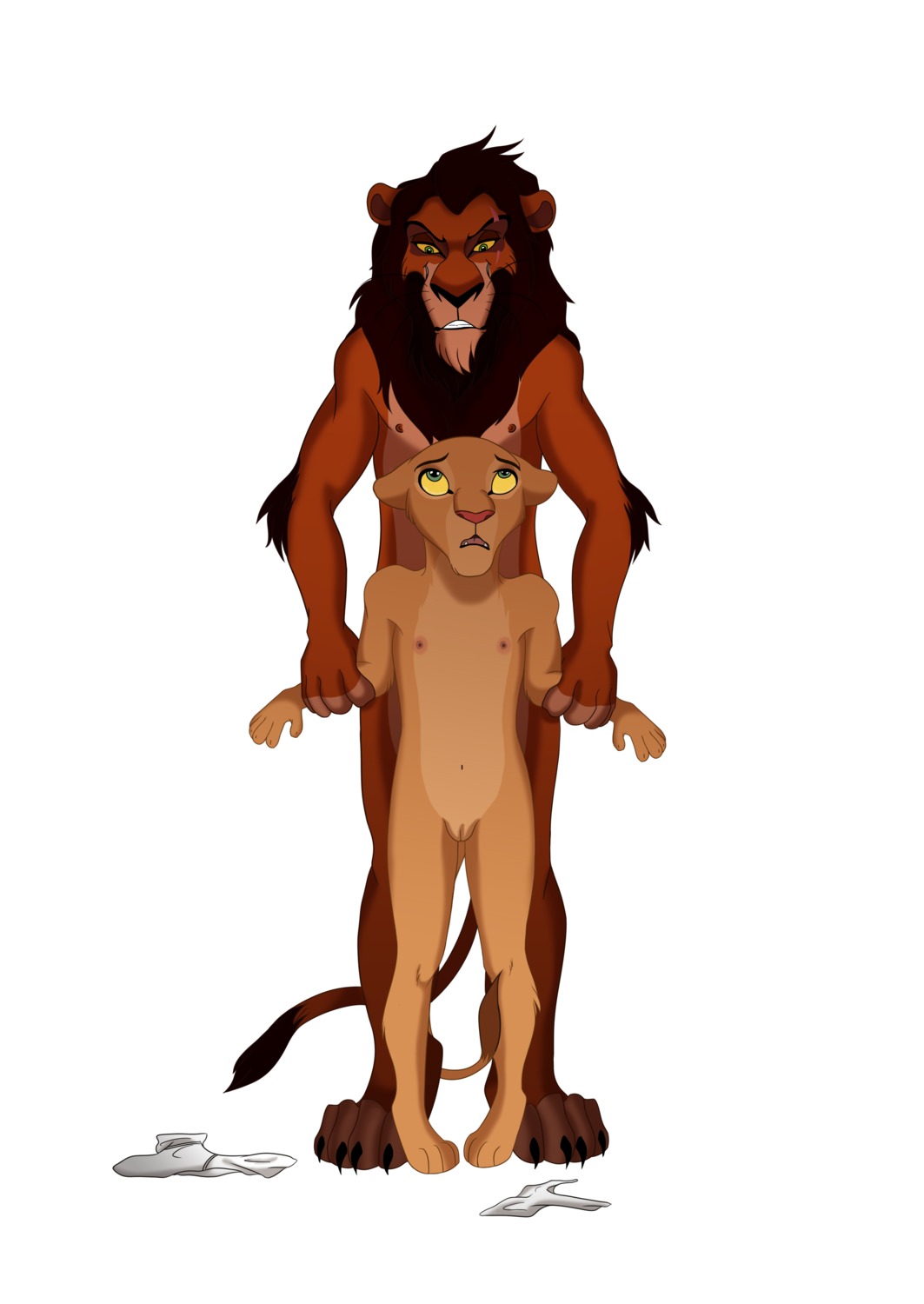 absurd_res age_difference anthro anthrofied clothing disney duo e621 felid female hi_res lion male mammal nala_(the_lion_king) nipples nude pantherine ronai scar scar_(the_lion_king) simple_background size_difference standing tail tail_tuft the_lion_king tuft underwear white_background young young_anthro