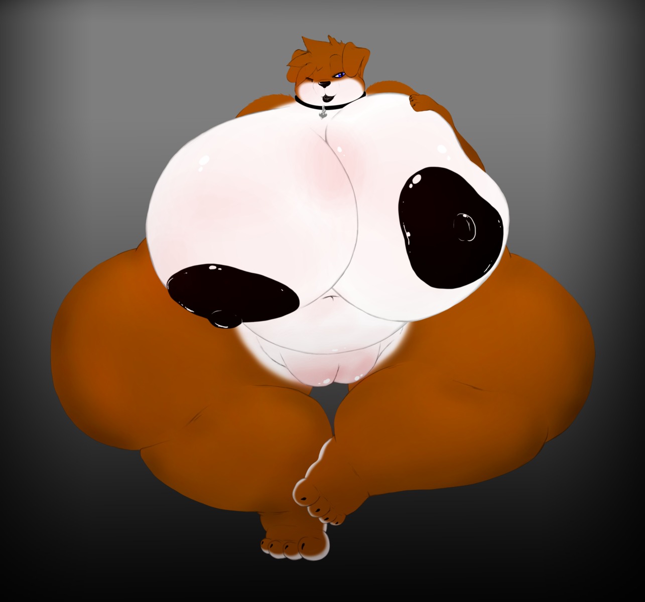 alpha_channel anthro areola big_breasts big_nipples black_areola black_collar black_nipples breasts canid canine canis collar collar_only collar_ring collar_tag d-ring dark_areola dark_nipples domestic_dog e621 eyecandy female fur genitals gradient_background hi_res huge_breasts huge_thighs hyper hyper_breasts mammal monotone_collar navel nipples nude one_eye_closed orange_body orange_fur ring_(hardware) simple_background slightly_chubby solo thick_thighs vulva white_body white_fur
