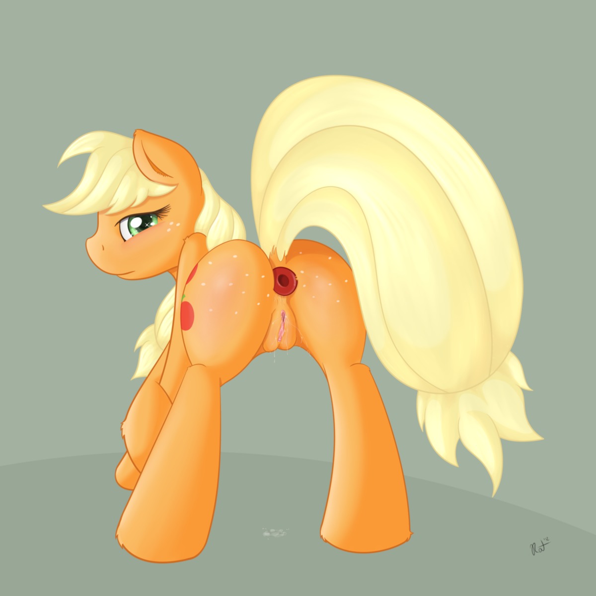 1:1 anal applejack_(mlp) blonde_hair butt buttplug cutie_mark digital_media_(artwork) e621 earth_pony equid equine female feral freckles friendship_is_magic genitals hair hasbro hi_res horse looking_at_viewer looking_back mammal my_little_pony plug_(sex_toy) pony presenting presenting_hindquarters quadruped ratofdrawn rear_view sex_toy simple_background solo tail vulva wet