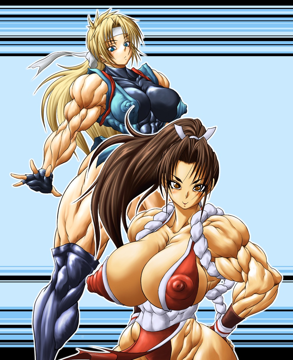 breasts erect_nipples extreme_muscles fatal_fury female female_only highres huge_breasts huge_nipples human king_of_fighters mai_shiranui martial_champion multiple_females multiple_girls muscles muscular muscular_female nipples purukogi purukogi_(plasma_beach) racheal rule34