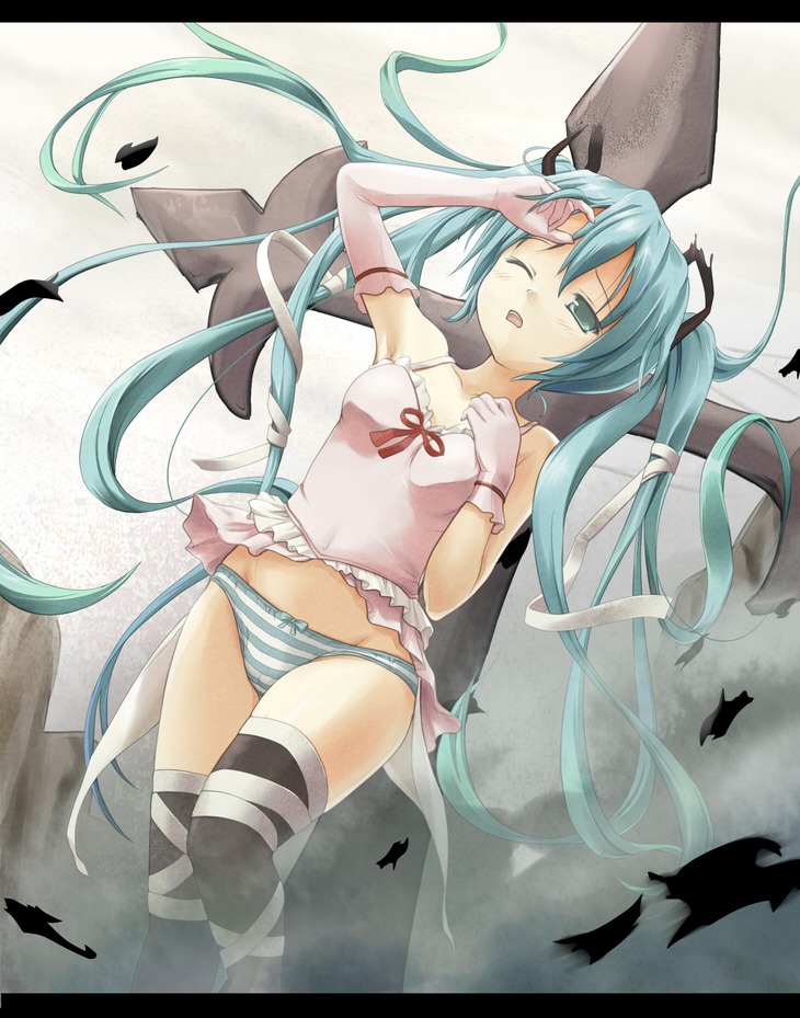 1girl aqua_eyes aqua_hair asymmetrical_clothes clothes cross elbow_gloves female gloves hair hair_ribbon hand_on_forehead kotobamaru letterboxed long_hair one_eye_closed panties petals ribbon rule34 single_elbow_glove single_glove solo striped striped_panties thighhighs tied_hair twintails underwear very_long_hair vocaloid winking_anus