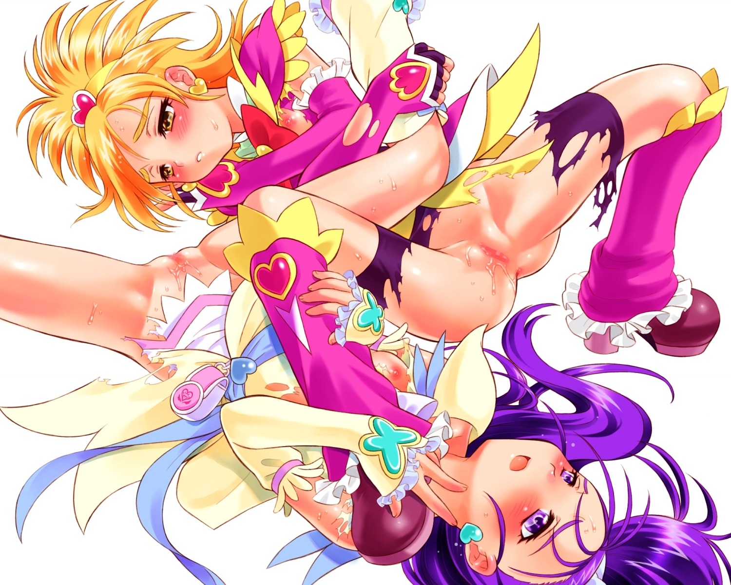 2girls blush breasts censored clothing cure_bloom cure_egret female fresh_precure! fresh_pretty_cure hyuuga_saki magical_girl mishou_mai nekozawa_yukari precure pretty_cure purple_hair rule34 sippo-soft small_breasts tagme torn_clothes