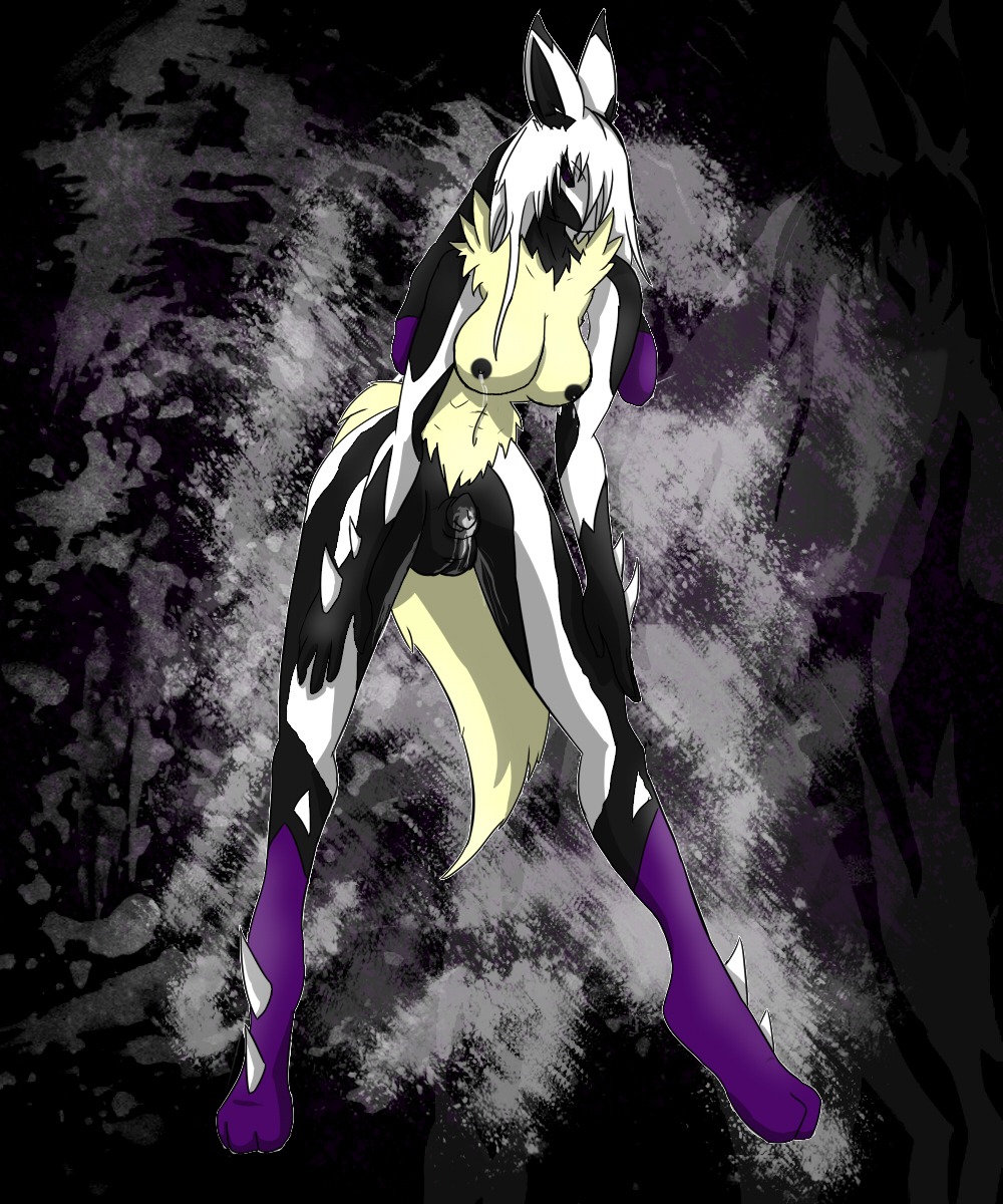 5:6 alternate_color animal_genitalia anthro balls bodily_fluids canid canine claws e621 fan_character generation_6_pokemon genital_fluids genitals gynomorph hellfyre77 hi_res intersex lactating mammal mega_evolution mega_lucario navera nintendo nude penis penis_tip pokemon pokemon_(species) precum sheath solo