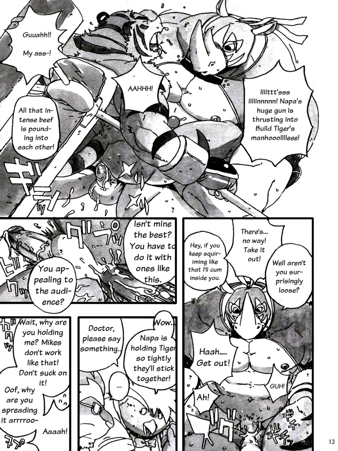 anal anal_sex anthro black_and_white build_tiger buttertoast cum feline fur furry gamma-g gay male monochrome penetration penis rhino rule34 tiger