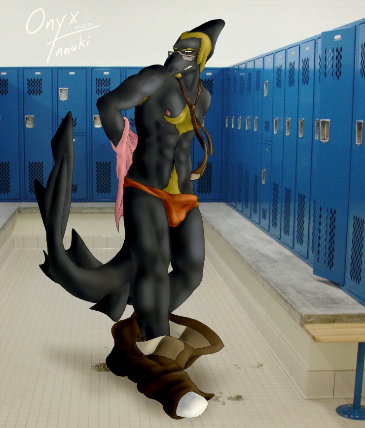 2012 accessory anthro aquatic blonde_hair blue_eyes body_hair bulge chest_hair clothed clothing detailed_bulge e621 eyewear facial_hair fish genital_outline glasses goatee hair locker locker_room male necktie onyx_wasson onyxtanuki_(artist) penis_outline shark solo speedo swimwear topless undressing